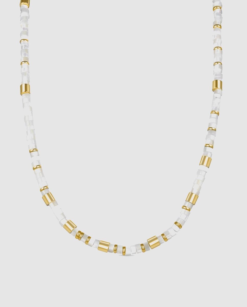 Colar Trendy de Prata de Lei 925 com Acabamento em Ouro Amarelo de 18 Quilates e Madrepérola Branca Ouro-1