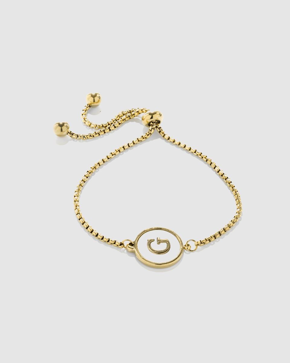 Imagem 0 de Pulseira Letras de Aço Acabada em Ouro Amarelo de 18k com Madrepérola Branca