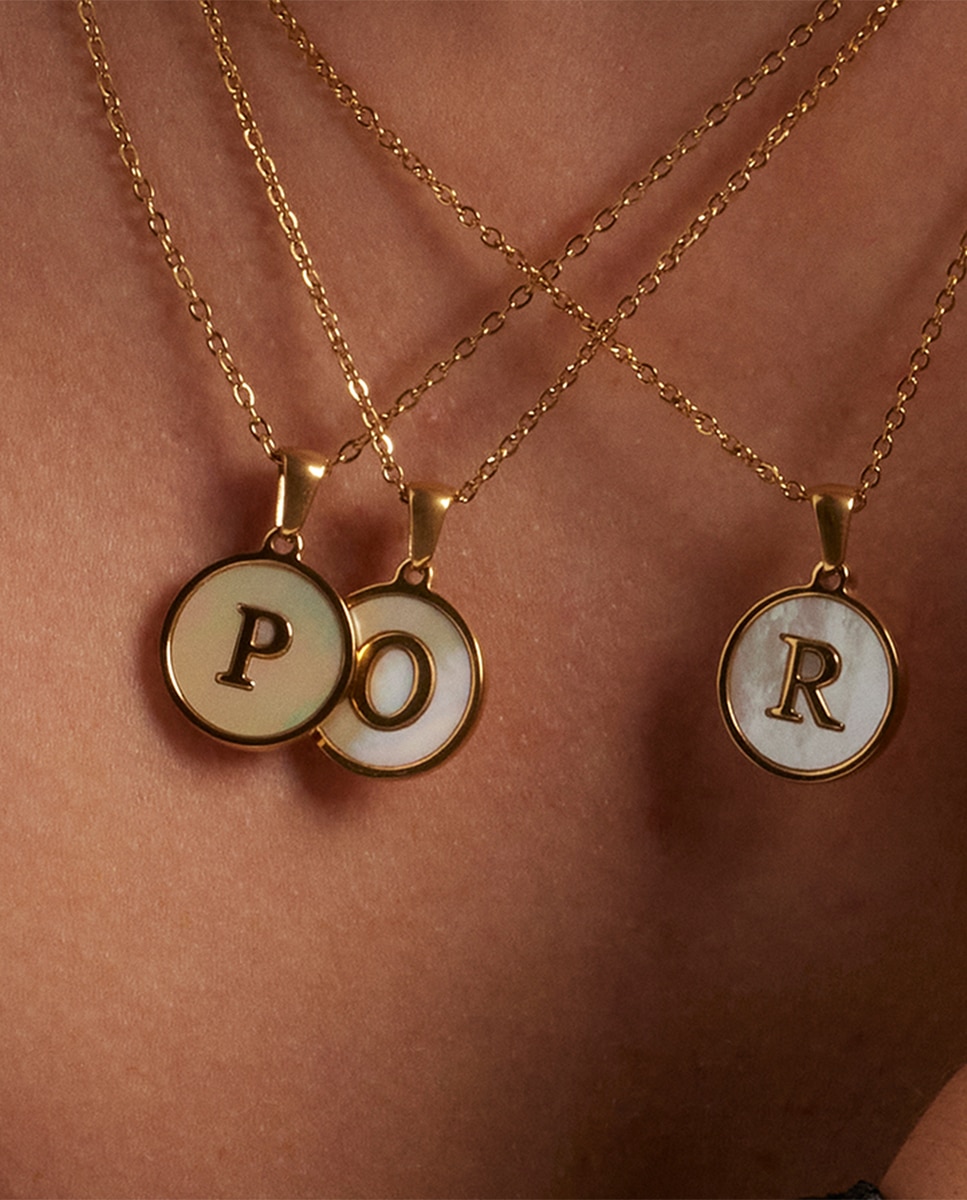Colar de Aço Alphabet Acabado em Ouro de 18 Quilates com Madrepérola Branca Branco / Castanho-3