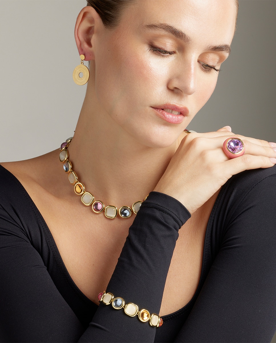 Pulseira de Elos África Acabada em Ouro Amarelo de 18 Quilates com Cristal Multicolor Ouro-2