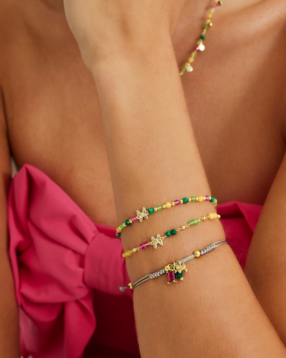 Pulseira de Corrente Make a Wish de Prata de Lei 925 Acabada em Ouro Amarelo de 18 Quilates com Cristal Verde Dourado-2