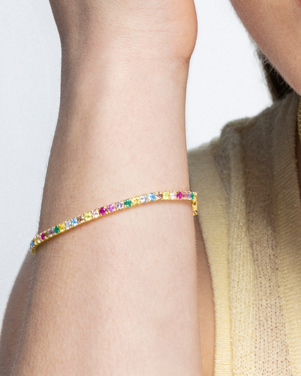 Pulseira Riviere Trendy de Prata de Lei 925 Acabada em Ouro Amarelo de 18 Quilates com Zirconita Multicolor Ouro-4