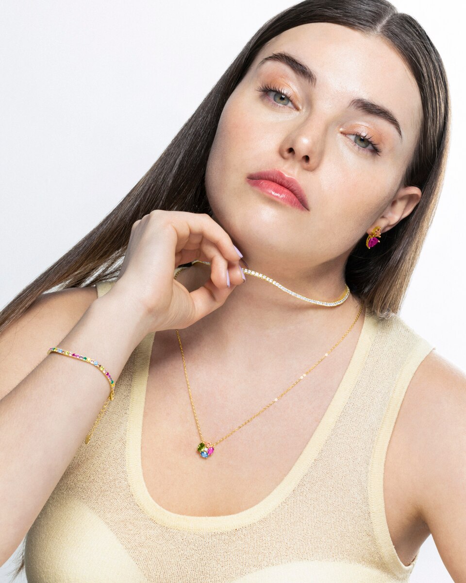 Pulseira Riviere Trendy de Prata de Lei 925 Acabada em Ouro Amarelo de 18 Quilates com Zirconita Multicolor Ouro-5