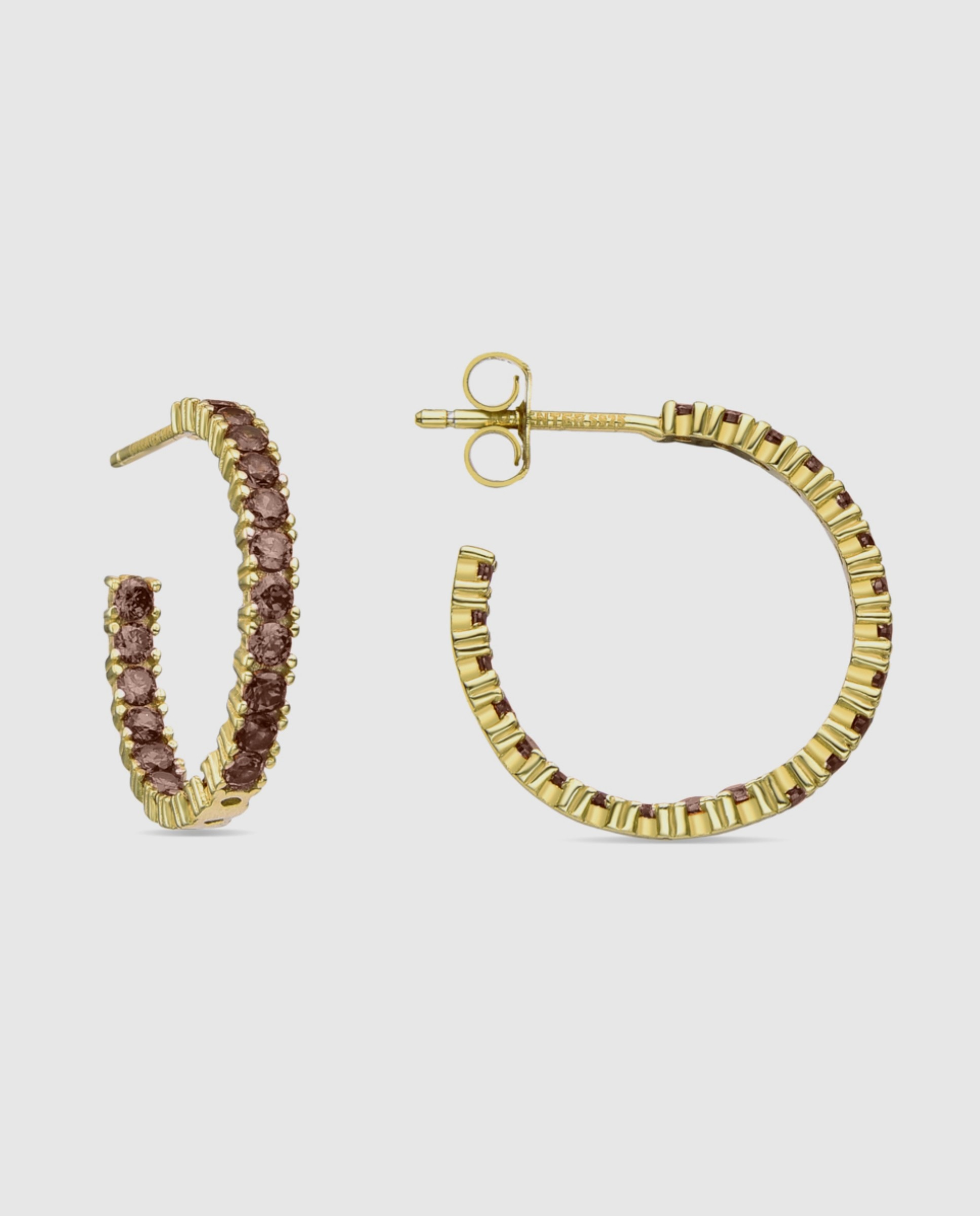Brincos de Argola Trendy de Prata de Lei 925 com Acabamento em Ouro de 18 Quilates e Zirconita Castanha Castanho-1