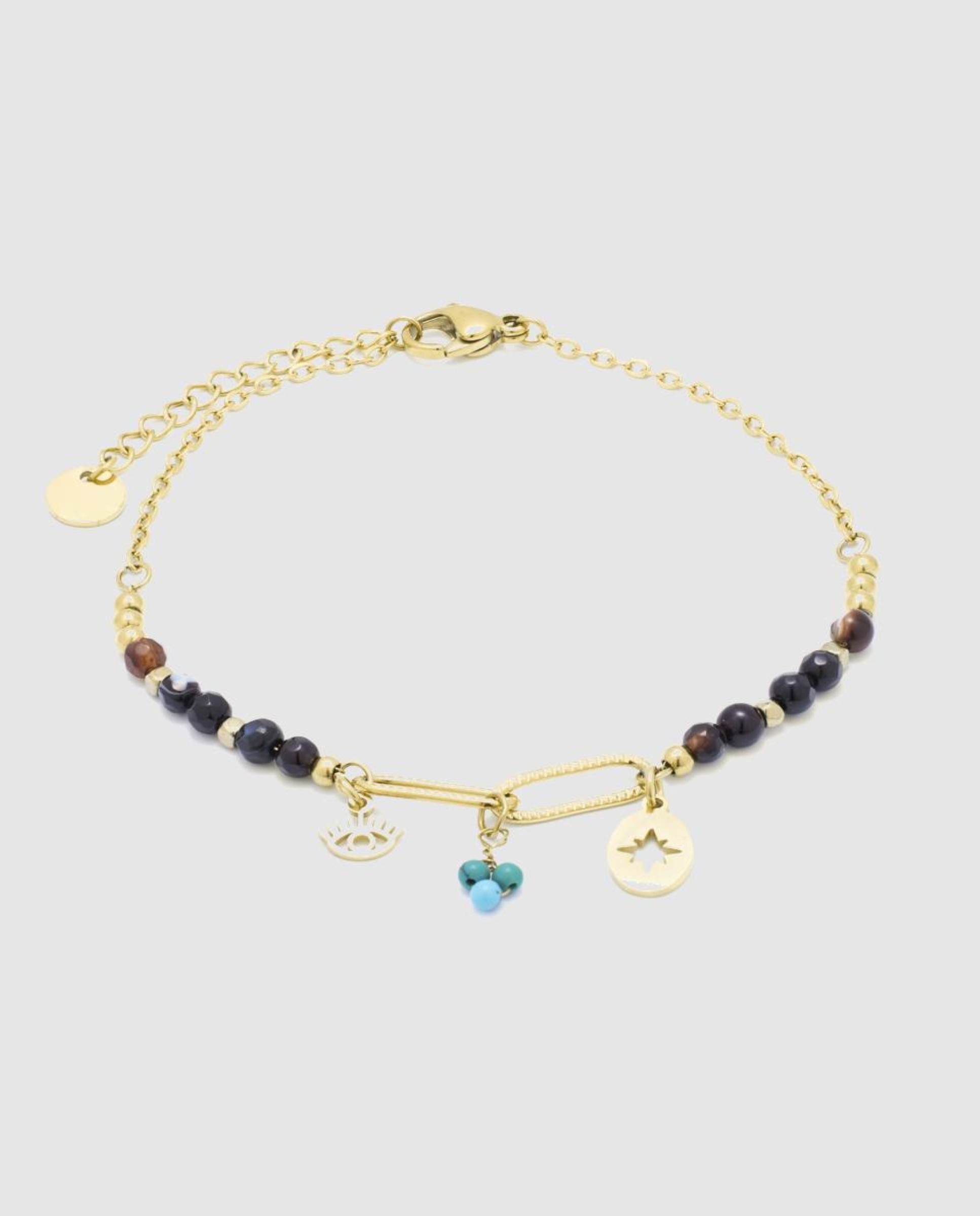 Pulseira Boho de Aço Acabada em Ouro Amarelo de 18 Quilates com Quartzo Hidrotermal Onix Preto-1