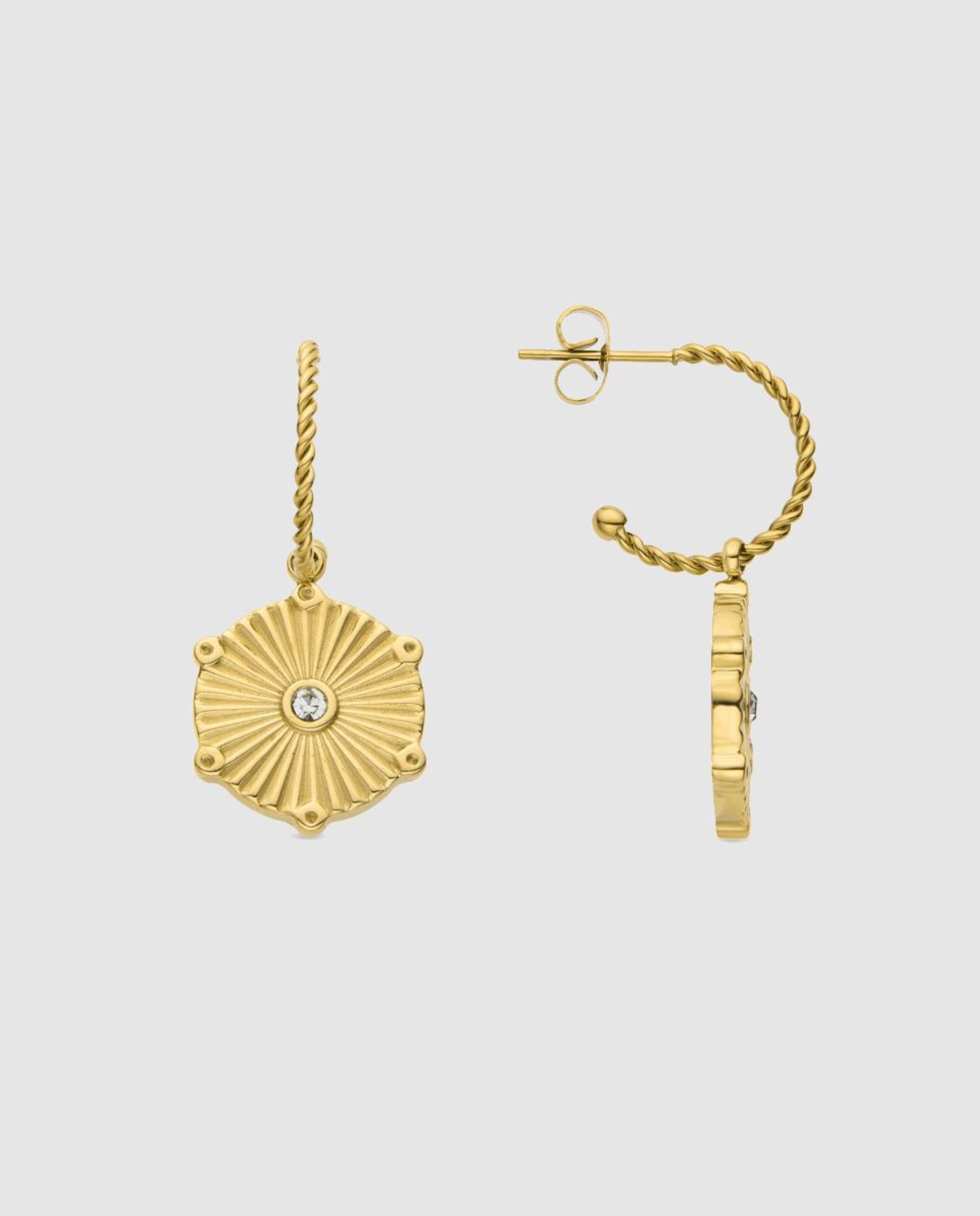 Brincos Basic de Aço com Acabamentos em Ouro Amarelo de 18 Quilates e Zirconita Brilhante Branco-1