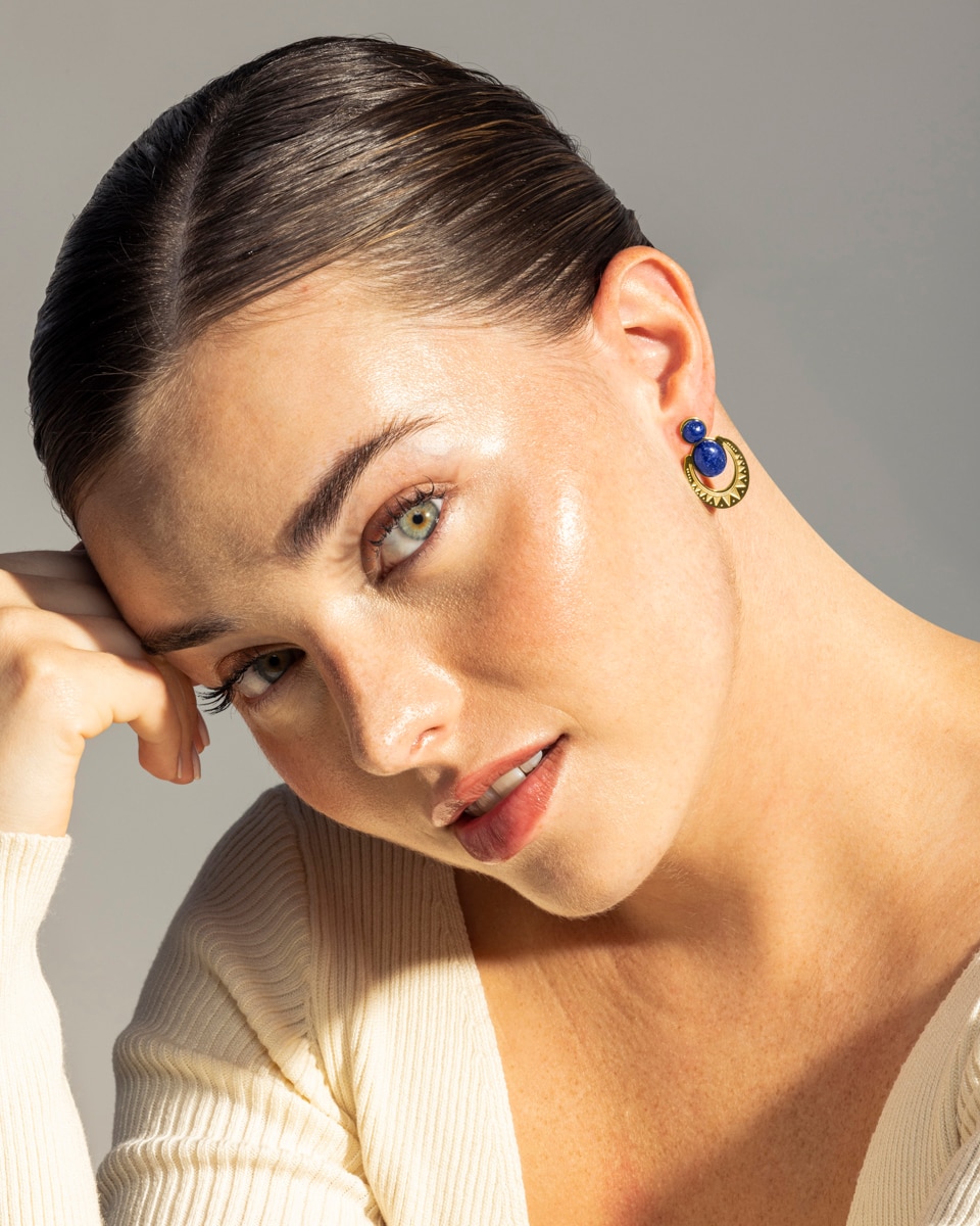 Brincos Boho Acabados em Aço Hipoalergénico com Lapislazuli Natural Ouro-2