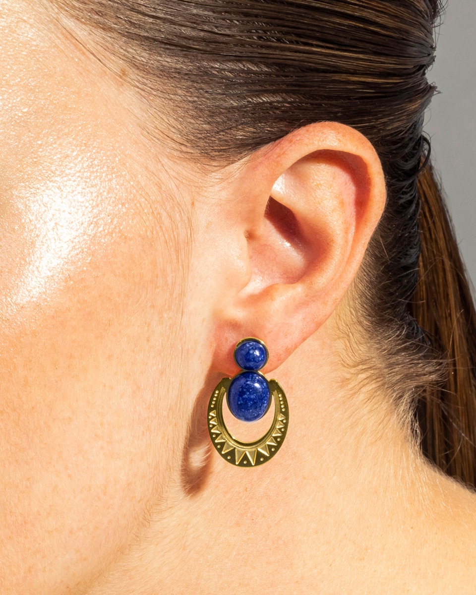 Brincos Boho Acabados em Aço Hipoalergénico com Lapislazuli Natural Ouro-3