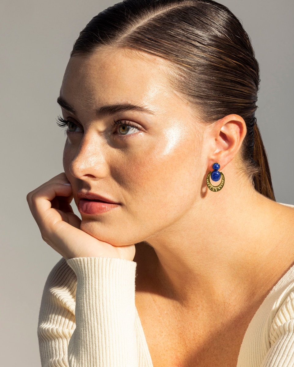 Brincos Boho Acabados em Aço Hipoalergénico com Lapislazuli Natural Ouro-4