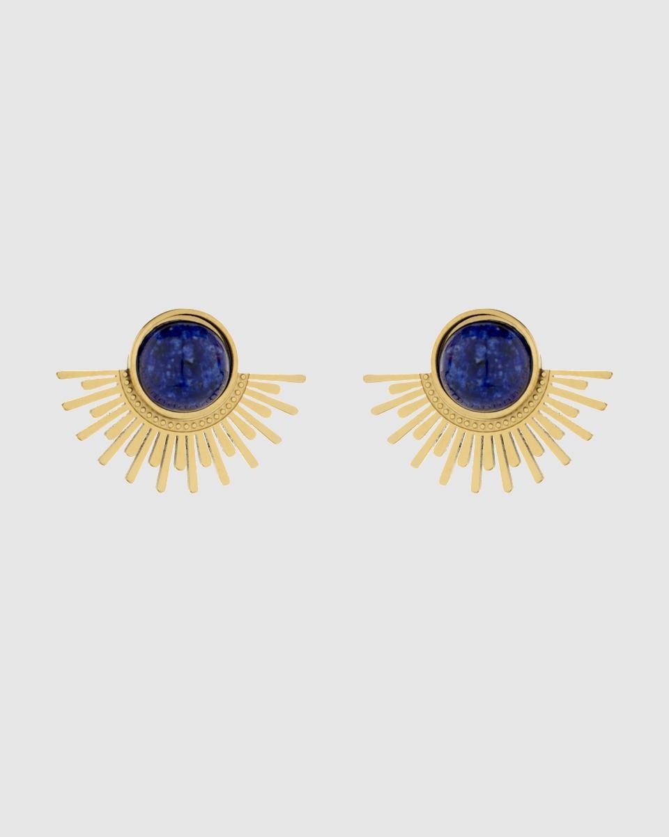 Brincos Boho de Aço com Acabamentos em Ouro Amarelo de 18 Quilates com Lápis-lazúli Natural Azul-1