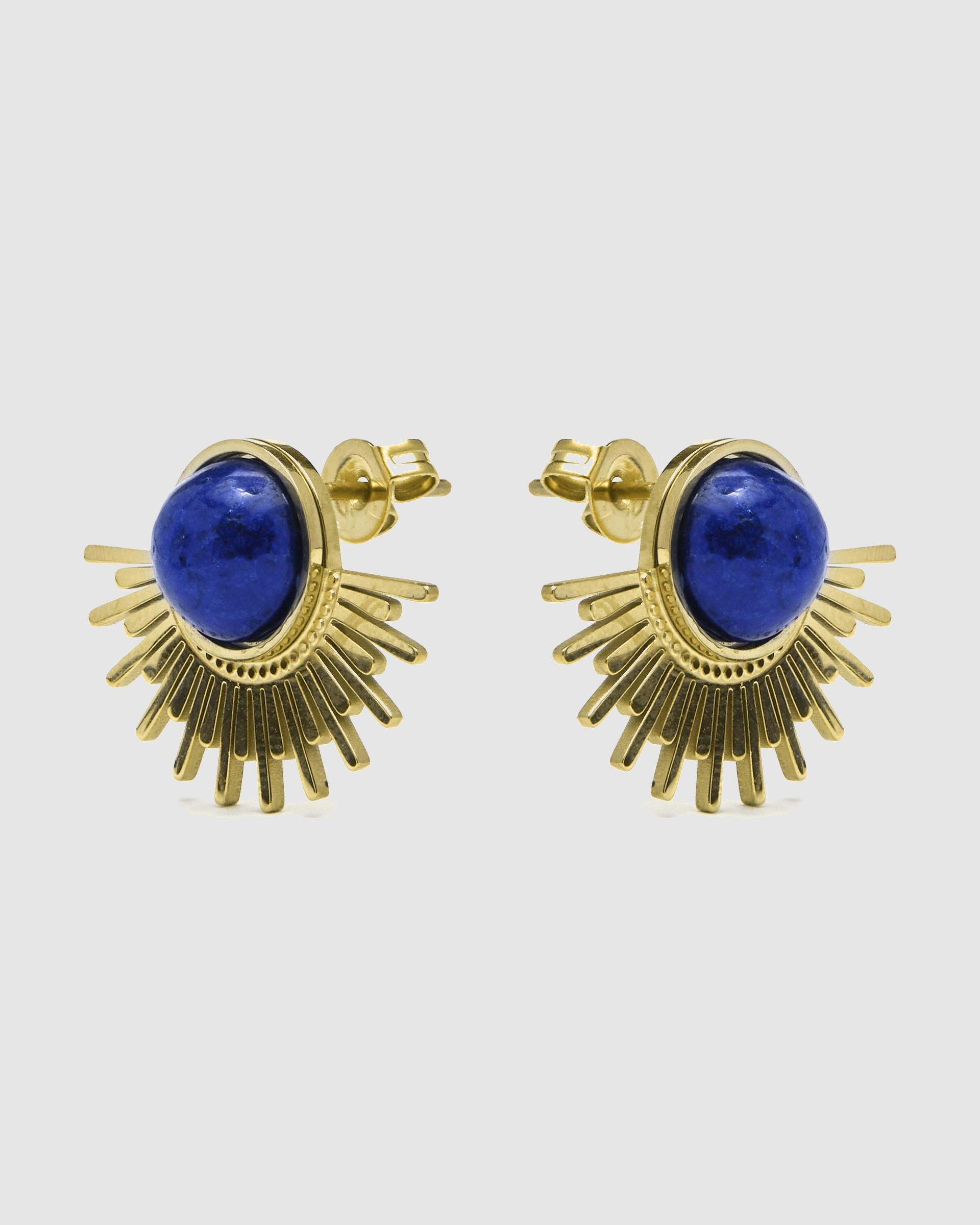 Brincos Boho de Aço com Acabamentos em Ouro Amarelo de 18 Quilates com Lápis-lazúli Natural Azul-3
