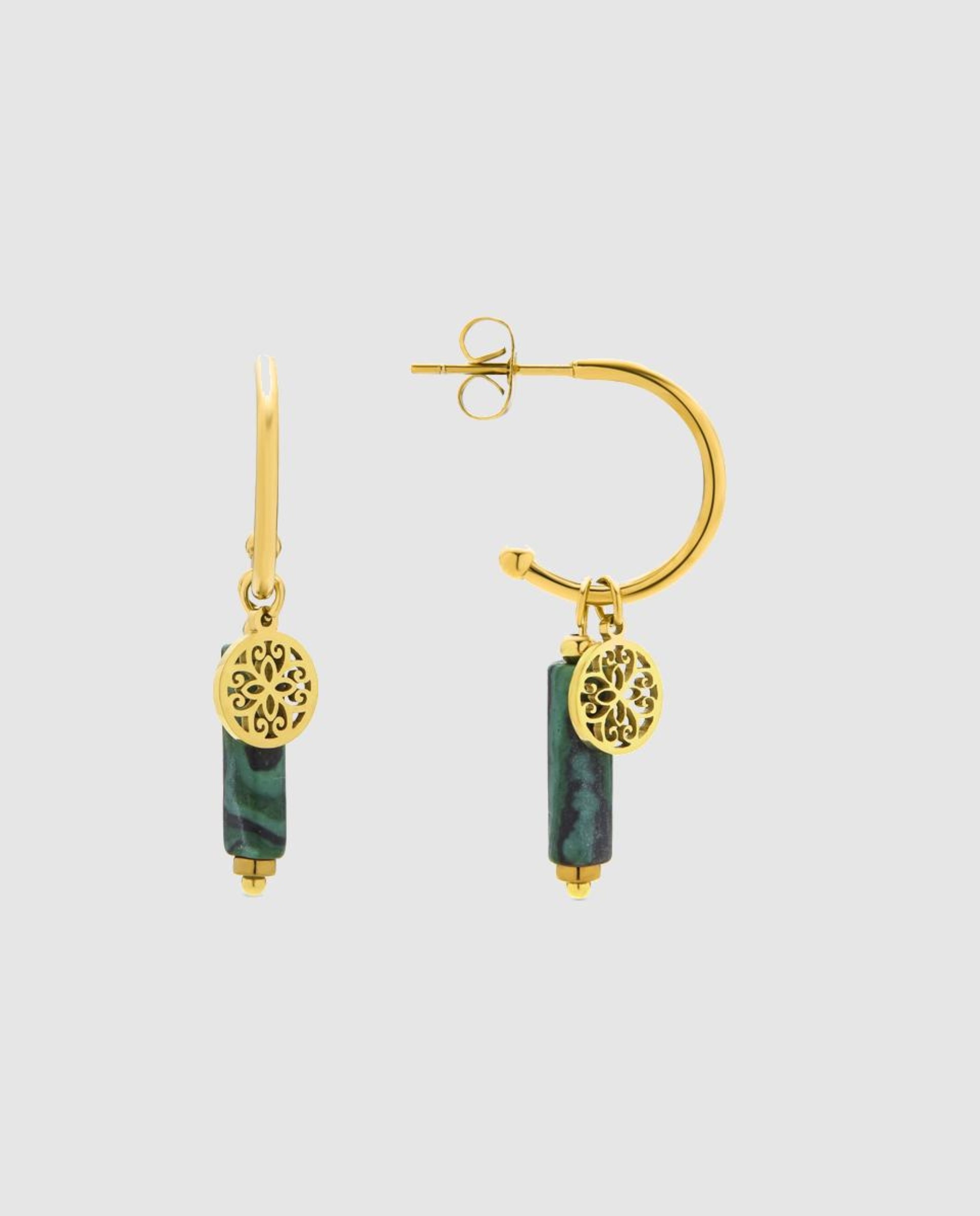 Brincos Boho de Aço com Acabamentos em Ouro Amarelo de 18 Quilates e Malaquita Verde-1
