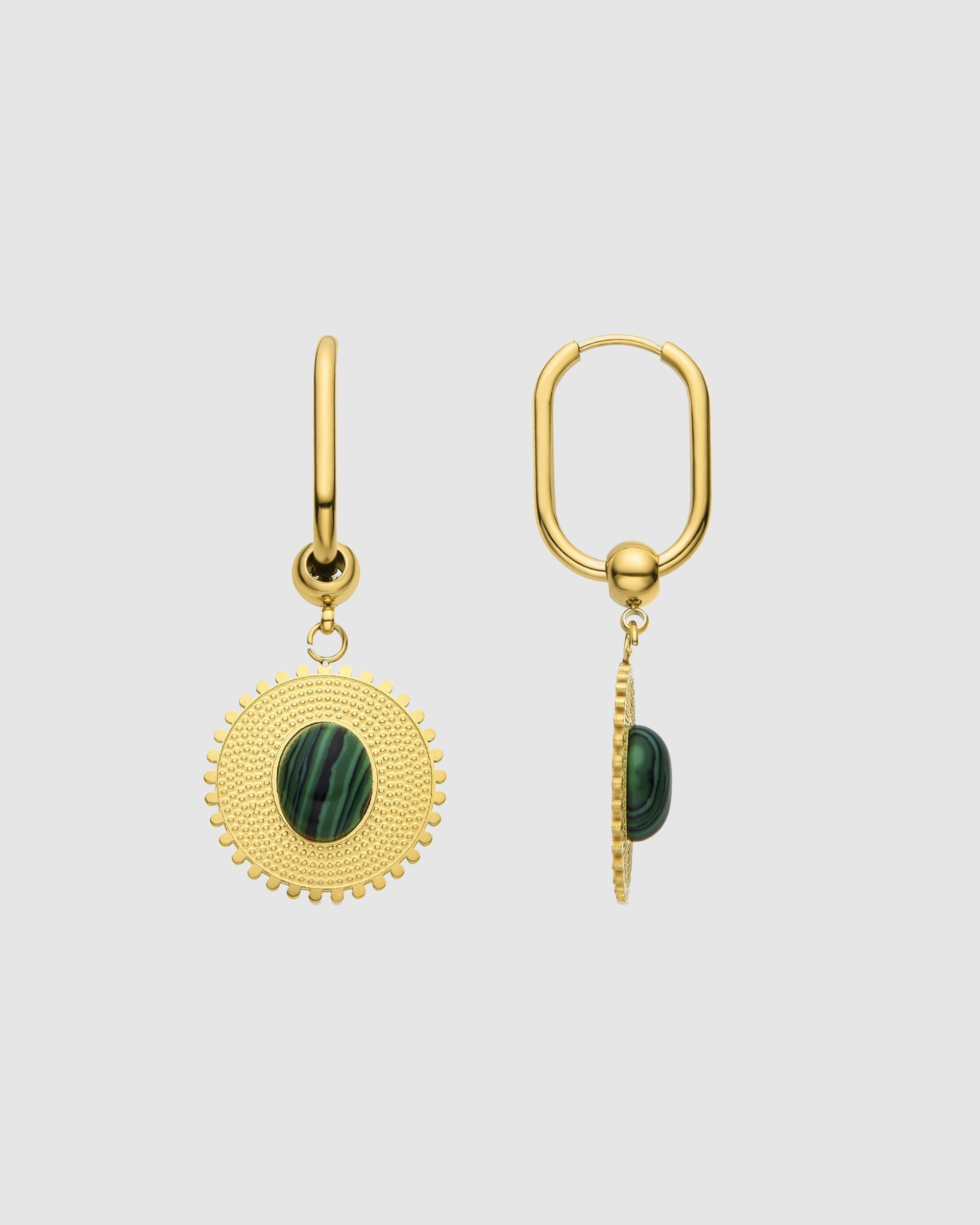 Brincos Boho de Aço com Acabamentos em Ouro Amarelo de 18 Quilates e Malaquita Ouro-1