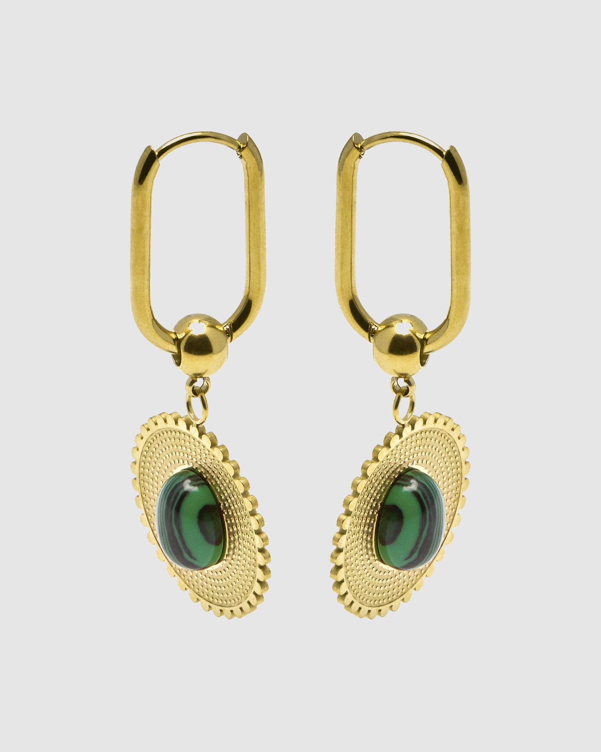 Brincos Boho de Aço com Acabamentos em Ouro Amarelo de 18 Quilates e Malaquita Ouro-3