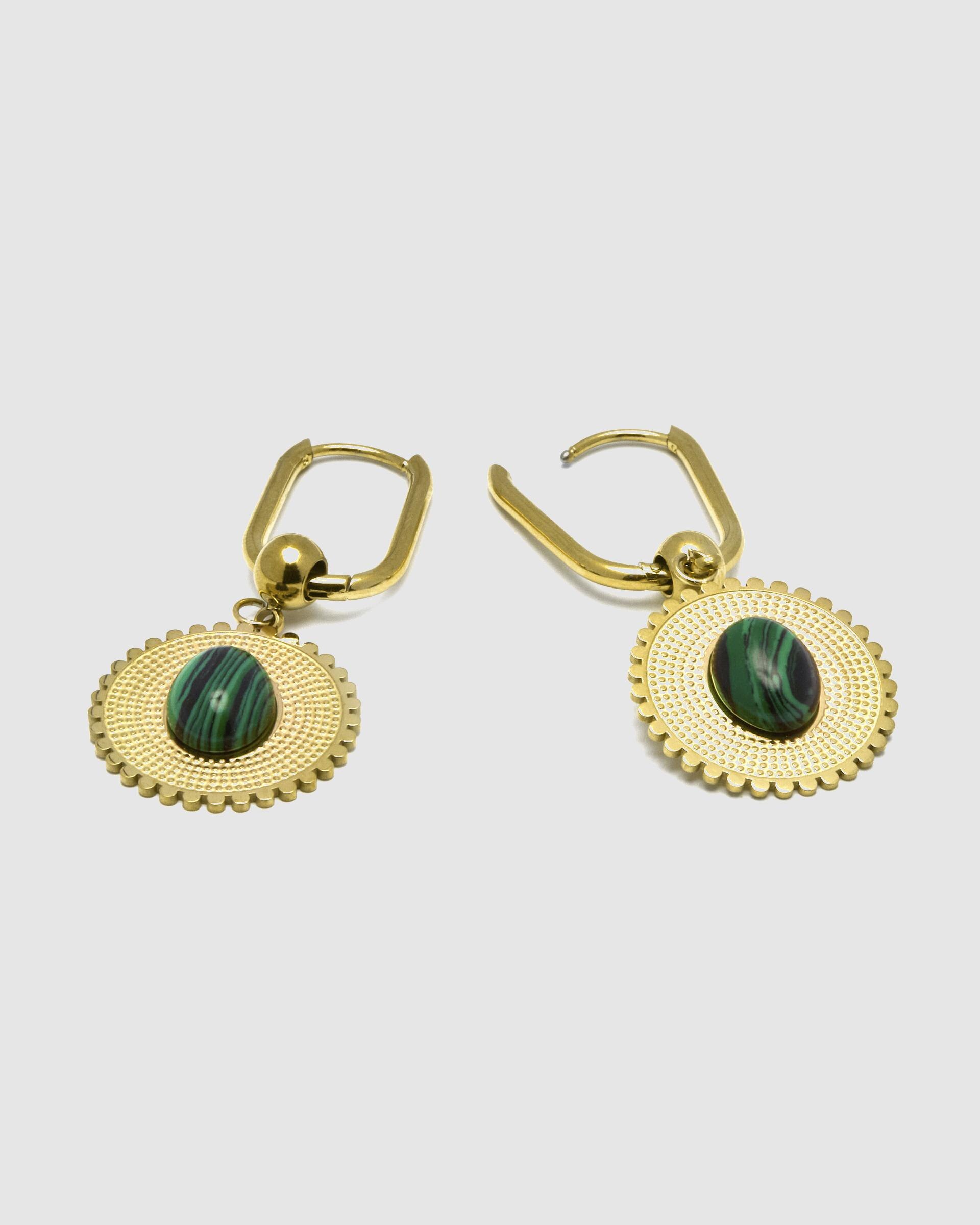 Brincos Boho de Aço com Acabamentos em Ouro Amarelo de 18 Quilates e Malaquita Ouro-6