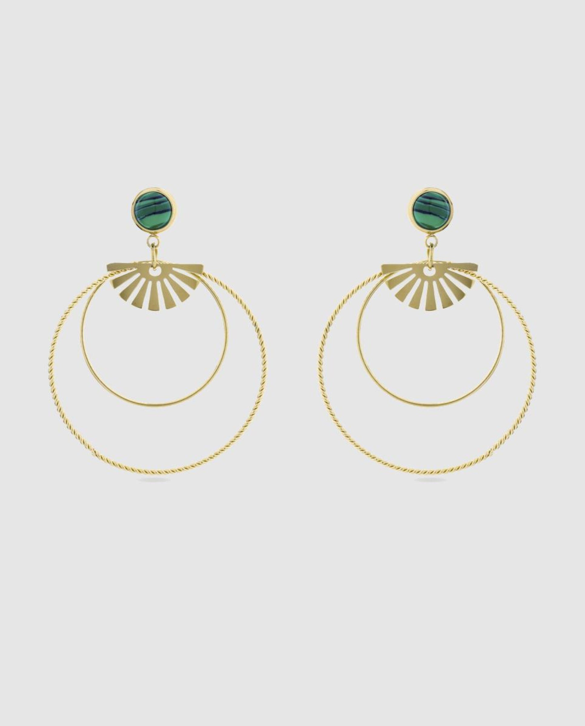 Brincos Boho de Aço com Acabamentos em Ouro Amarelo de 18 Quilates com Malaquita Verde-1