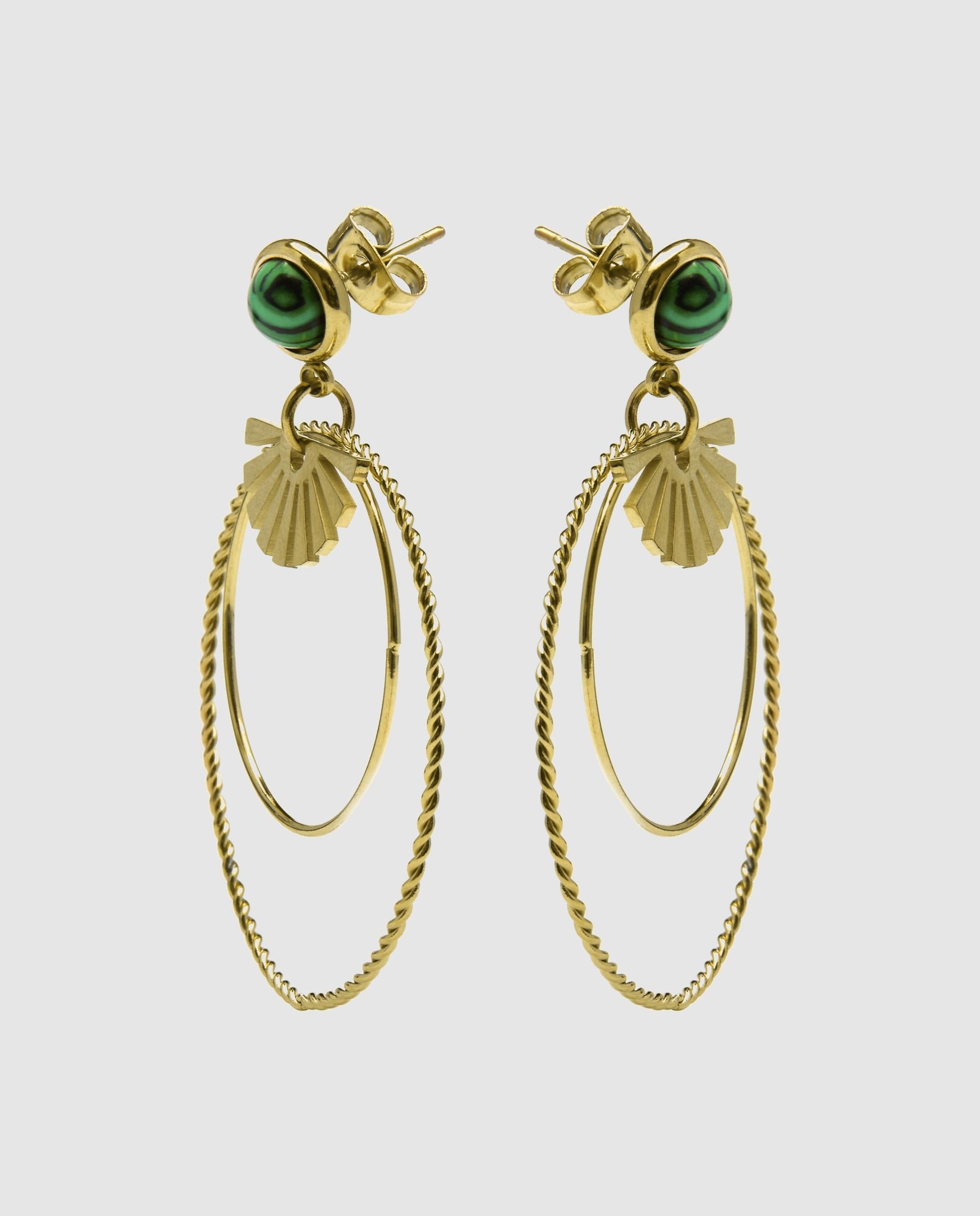 Brincos Boho de Aço com Acabamentos em Ouro Amarelo de 18 Quilates com Malaquita Verde-3