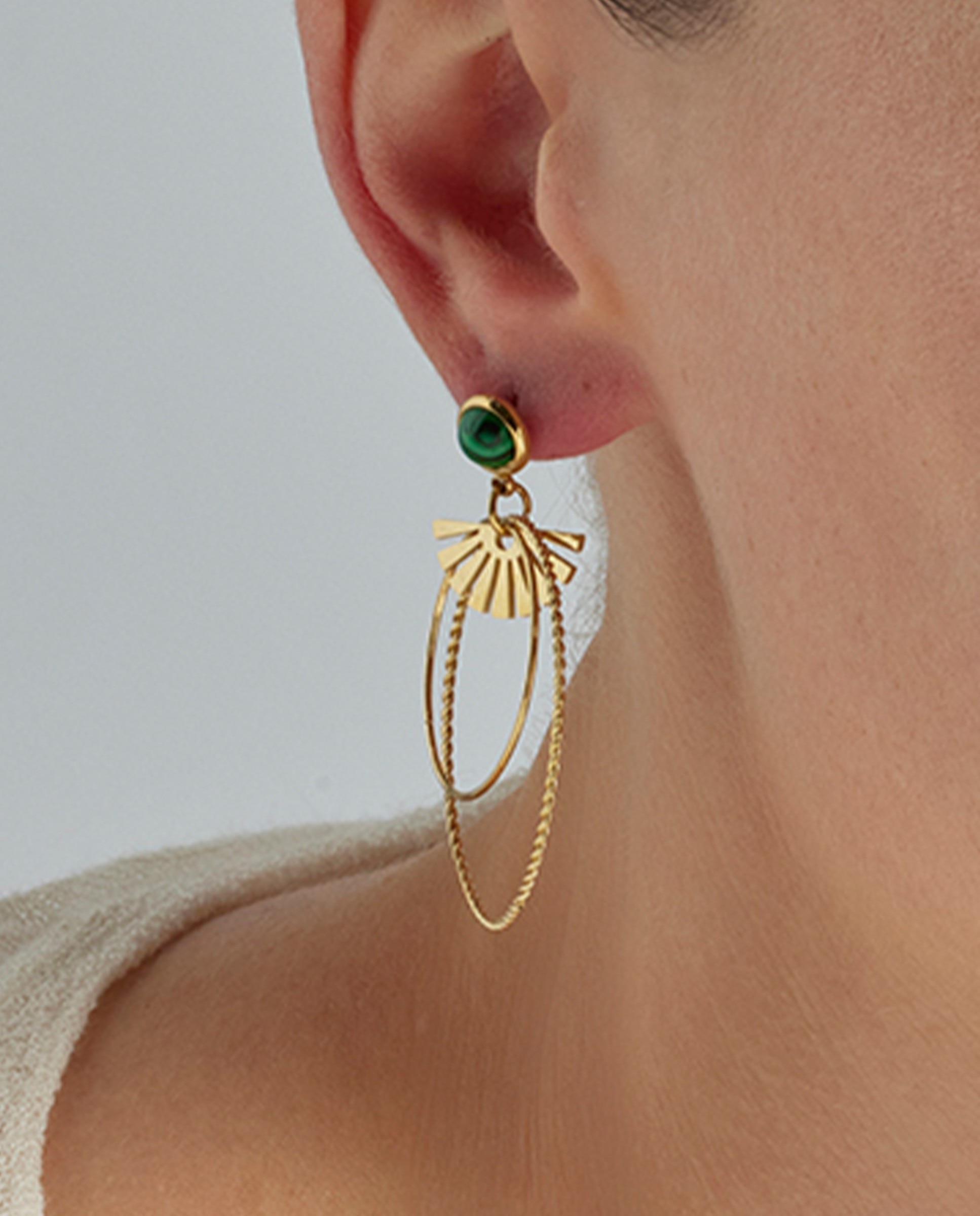 Brincos Boho de Aço com Acabamentos em Ouro Amarelo de 18 Quilates com Malaquita Verde-4