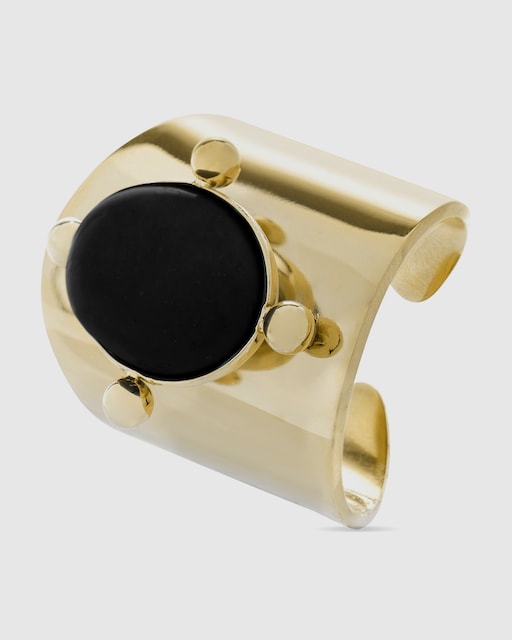 Imagem 0 de Anel Boho de Aço com Acabamento em Ouro Amarelo de 18k e Onix