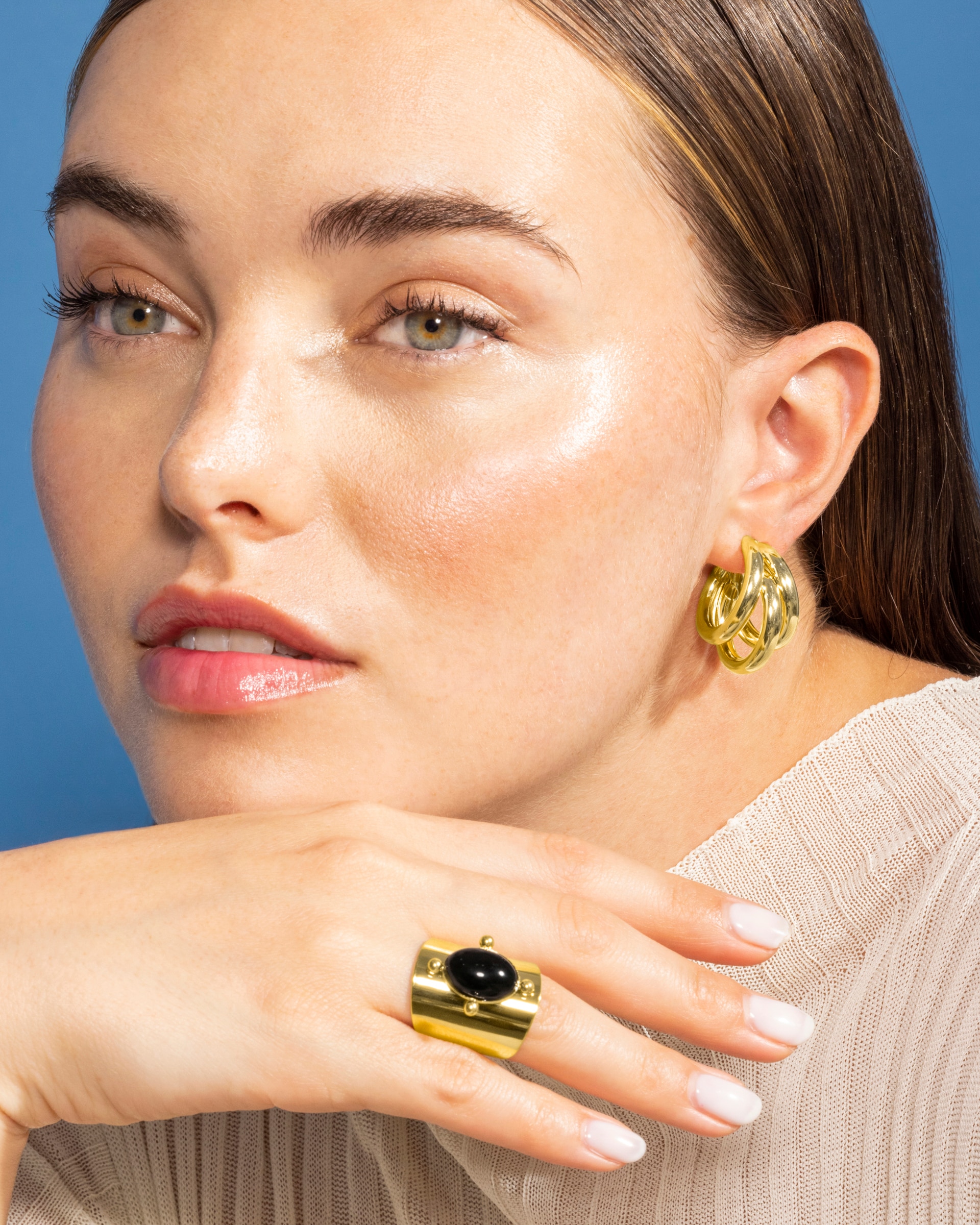 Anel Ajustável Boho de Aço com Acabamento em Ouro Amarelo de 18 Quilates e Ônix Ouro-4