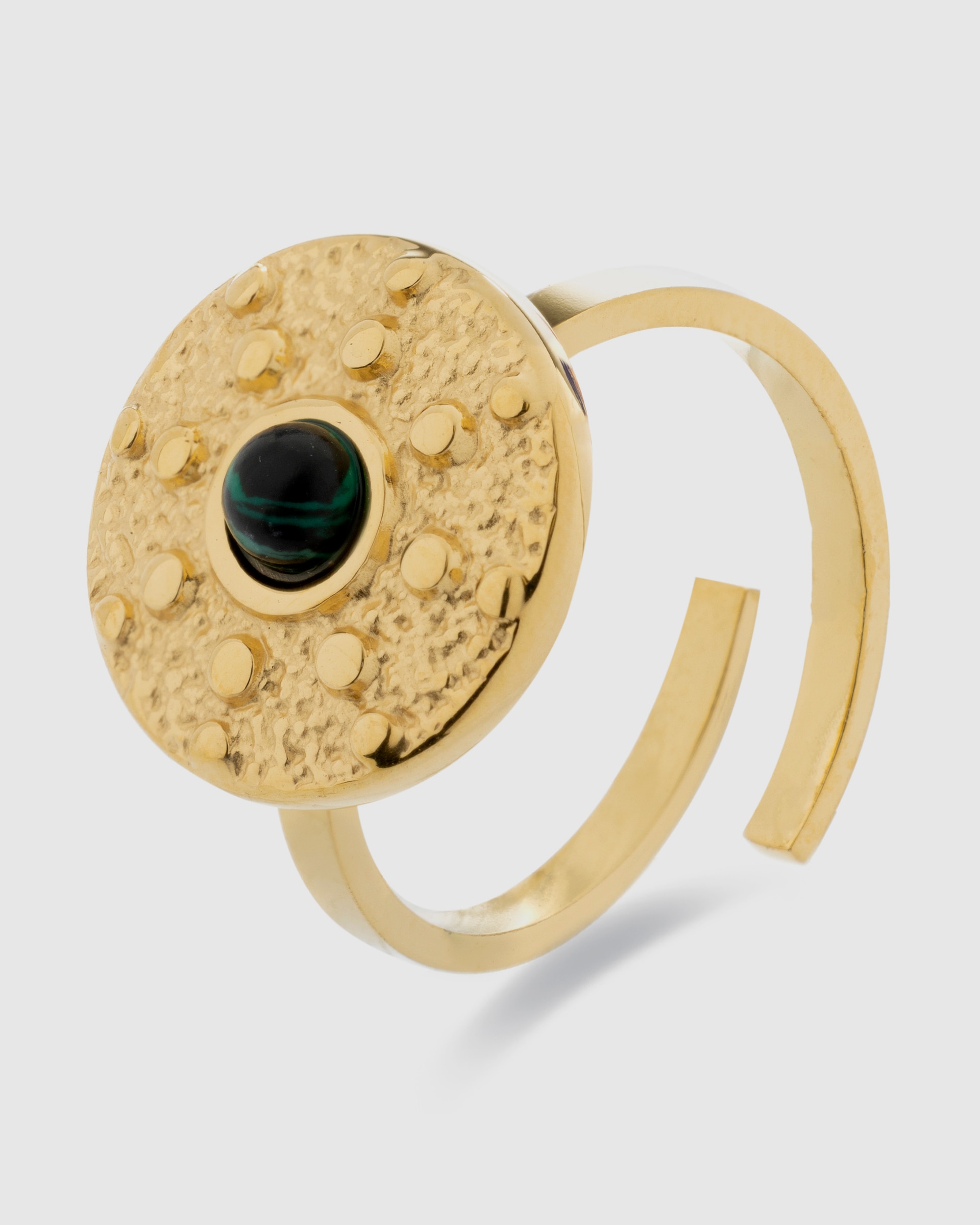Imagem 0 de Anel de Aço Ajustável África Moda de Aço com Acabamento em Ouro de 18 Quilates com Malaquita