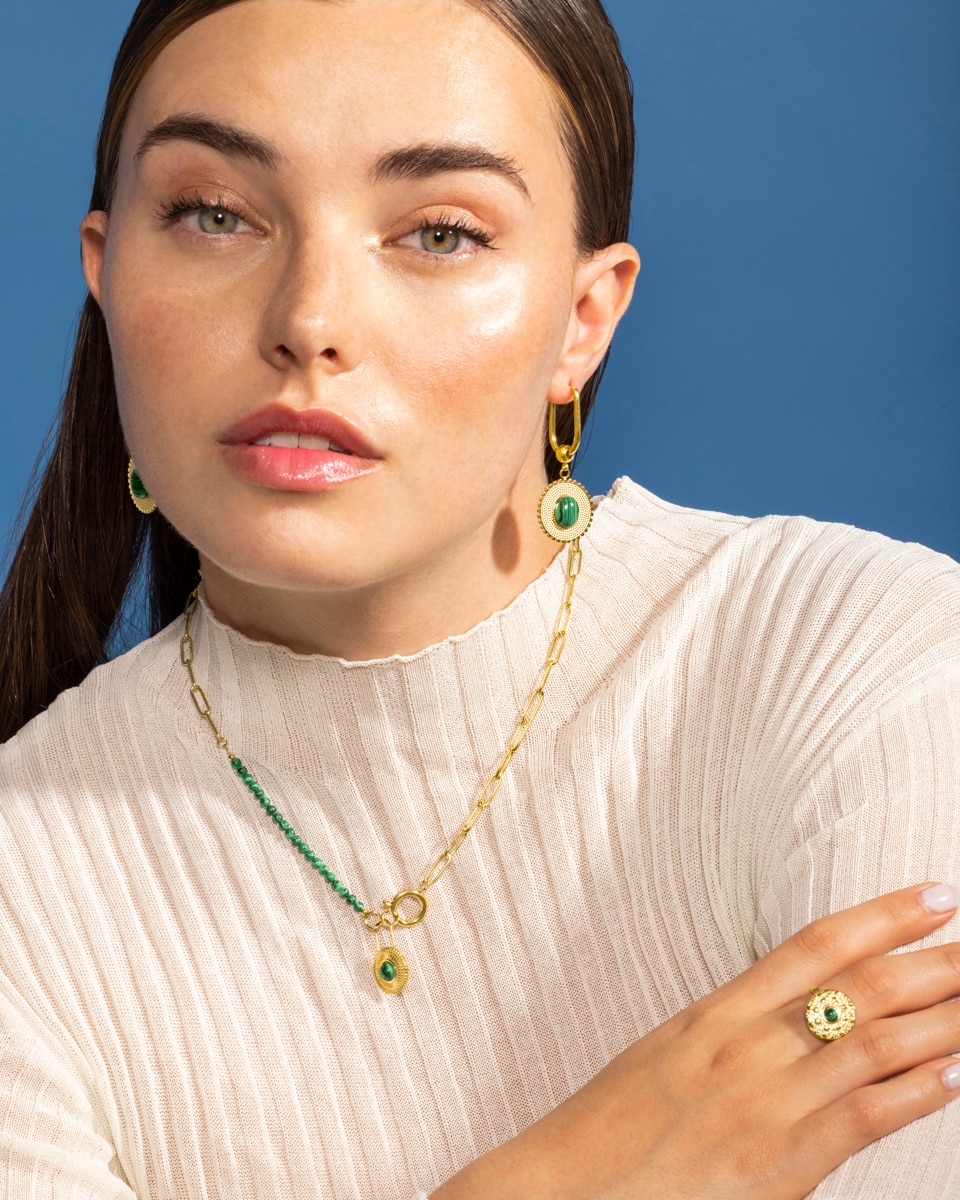 Anel de Aço Ajustável África Moda de Aço com Acabamento em Ouro de 18 Quilates com Malaquita Ouro-4