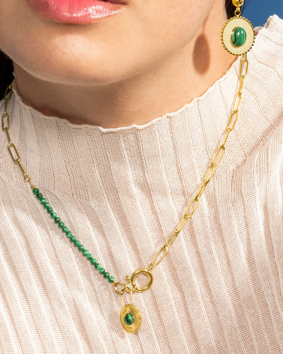 Colar Boho de Aço com Acabamento em Ouro Amarelo de 18k e Malaquita Verde-3