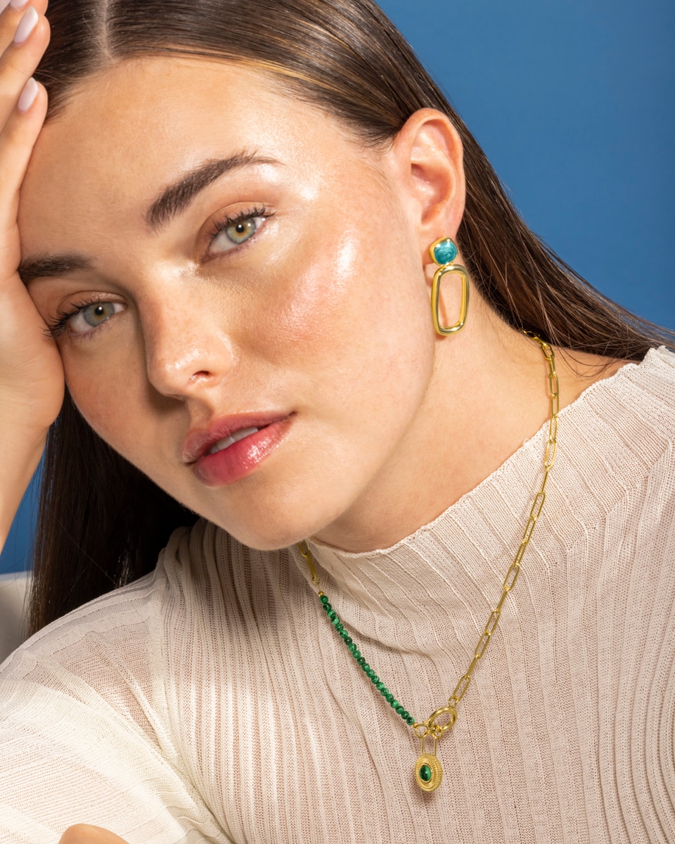 Colar Boho de Aço com Acabamento em Ouro Amarelo de 18k e Malaquita Verde-4