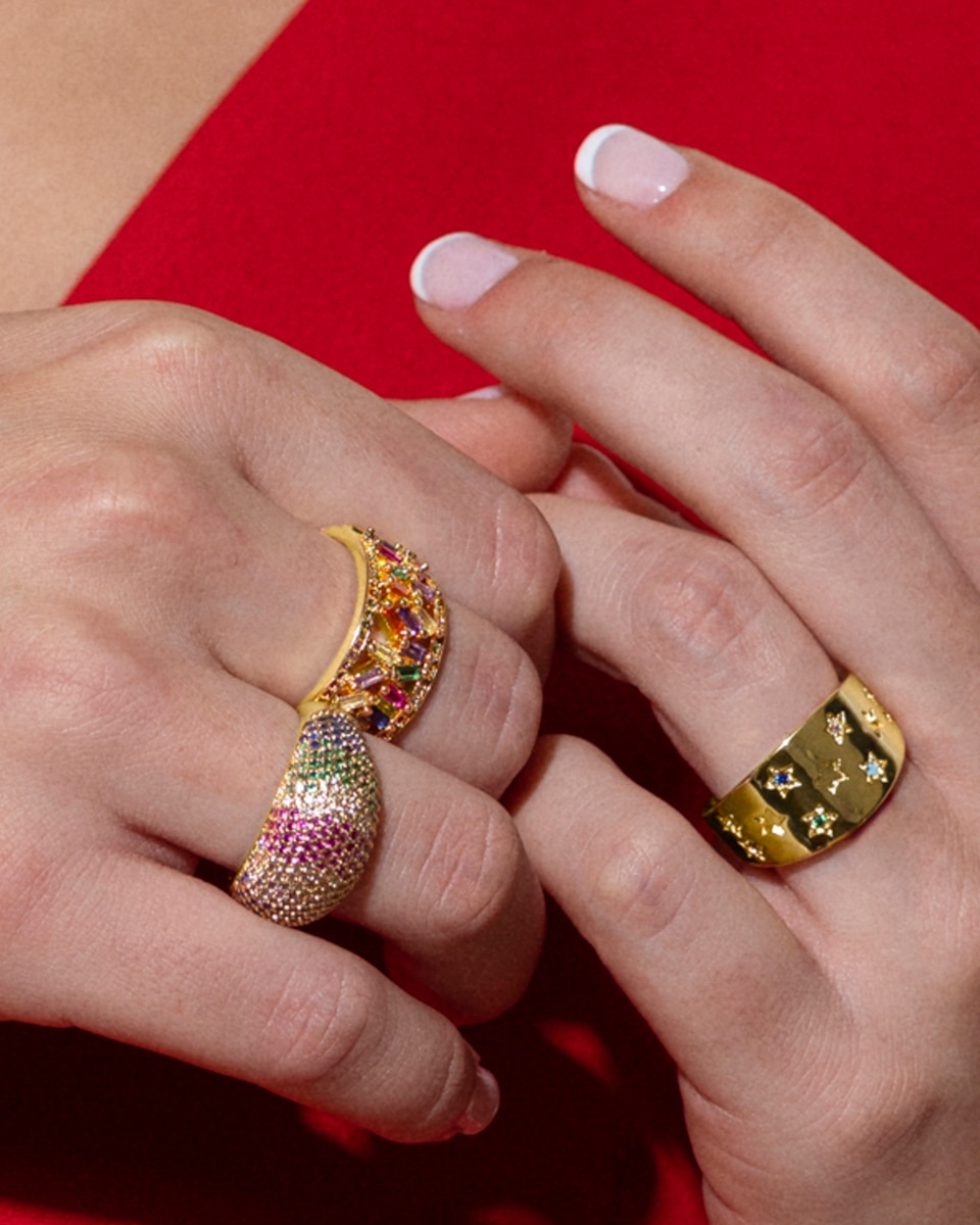 Anel Ajustável África Moda com Acabamento em Ouro Amarelo de 18 Quilates e Zirconita Multicolor Ouro-3