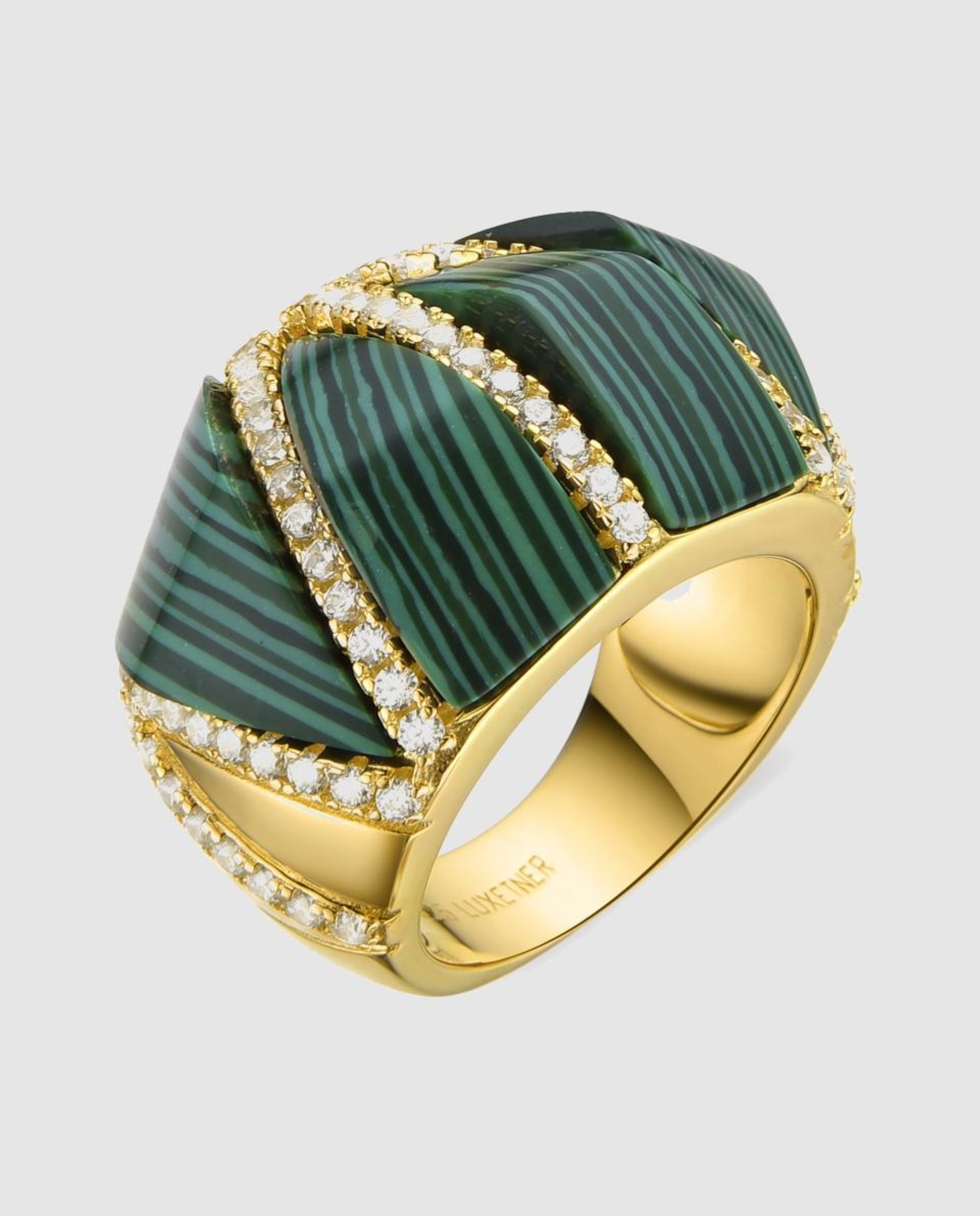 Anel Trendy de Prata de Lei 925 com Acabamento em Ouro de 18 Quilates e Malaquita Verde-1