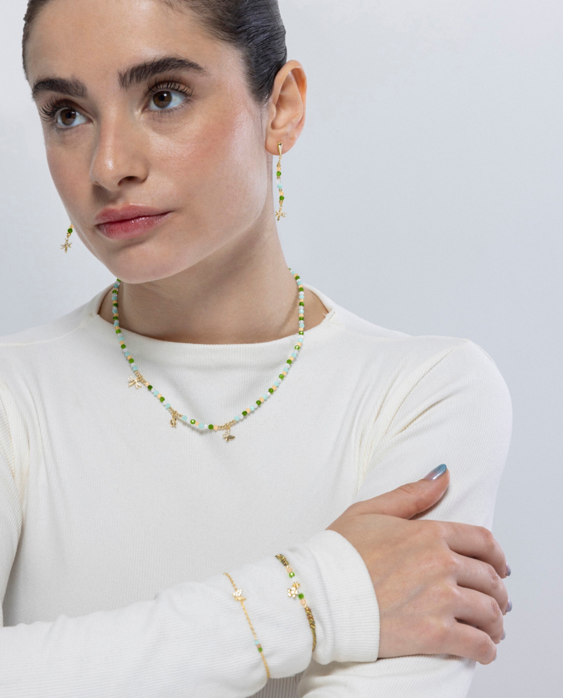 Colar Pide Un Deseo de Prata de Lei 925 com Acabamento em Ouro Amarelo de 18 Quilates e Cristal Verde Verde-4