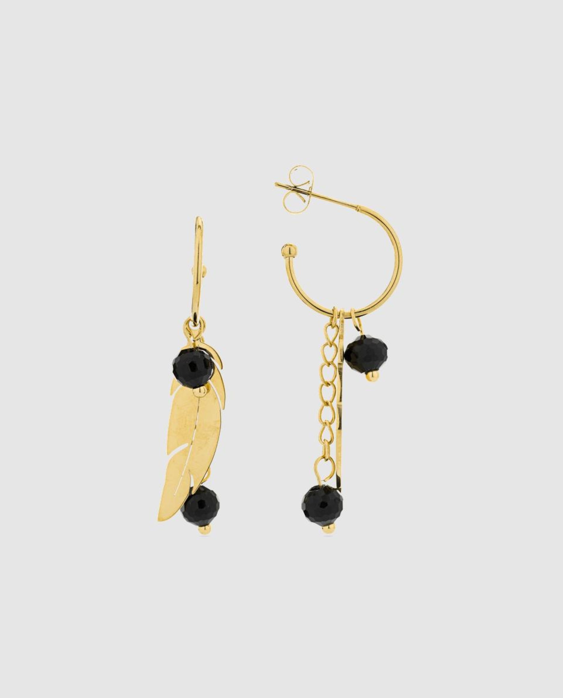 Brincos Boho de Aço com Acabamentos em Ouro Amarelo de 18 Quilates e Ônix Preto-1