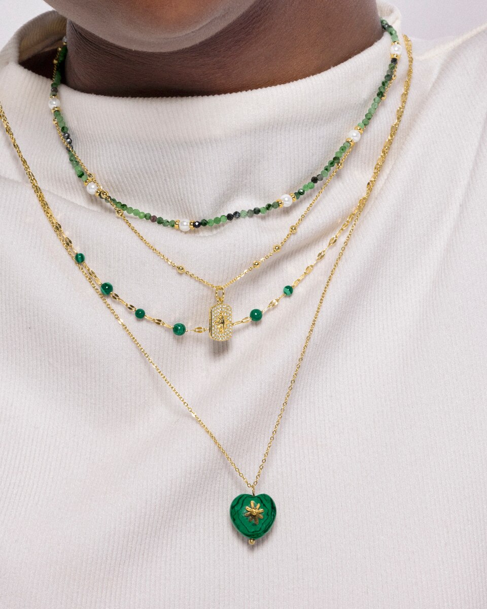 Colar Boho de Aço com Acabamento em Ródio e Malaquita Verde-3