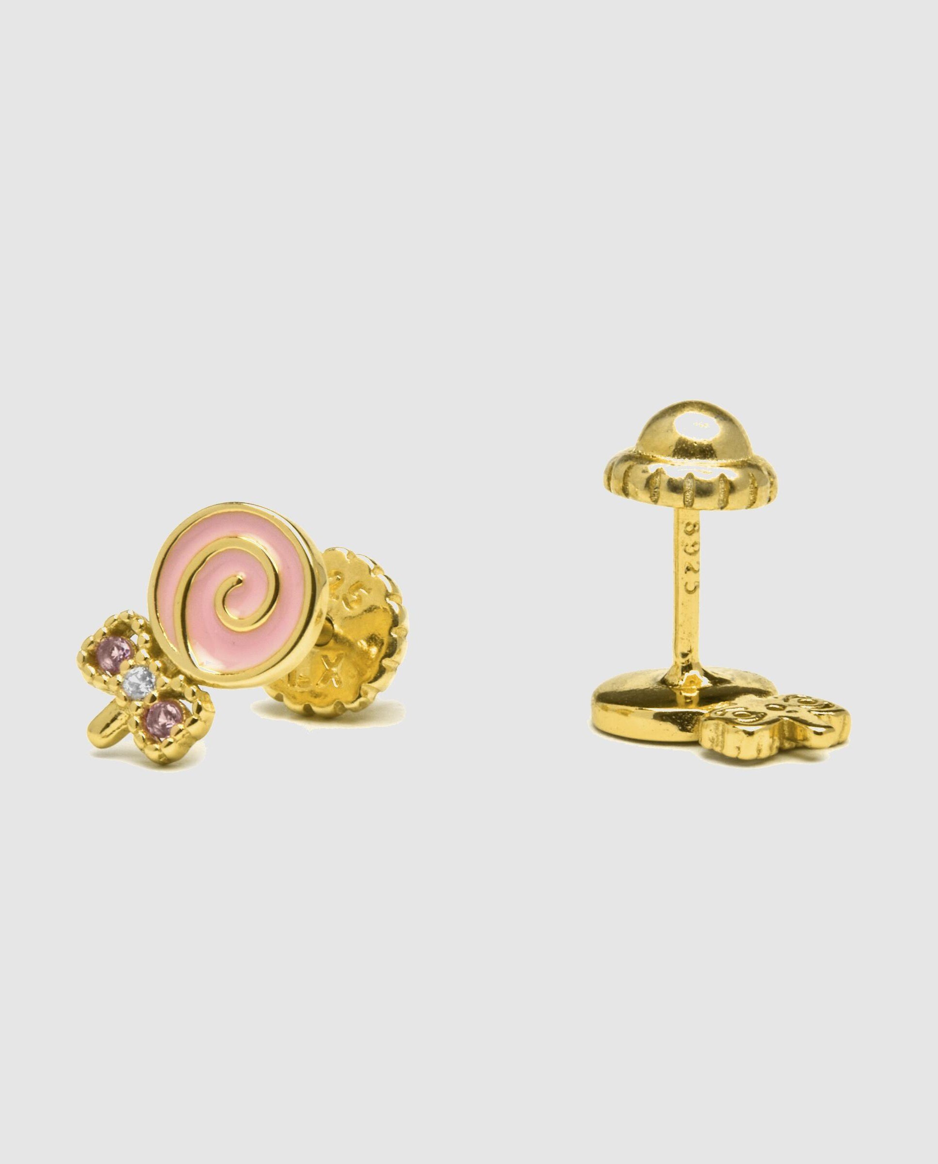 Brincos Kids And Baby de Prata de Lei 925 com Acabamento em Ouro de 18 Quilates e Zirconita Rosa Rosa-3