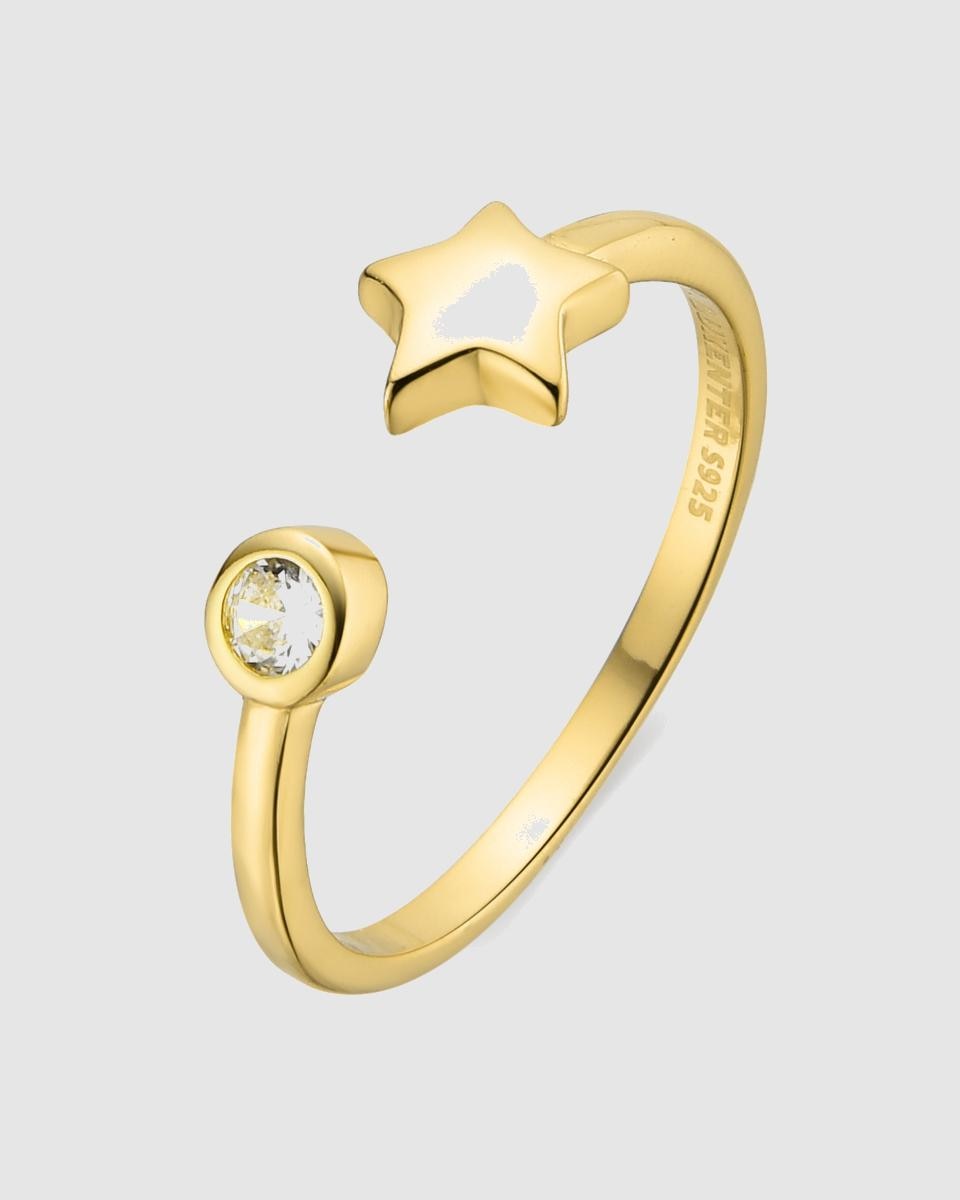 Anel Ajustável Pede Um Desejo de Prata de Lei 925 com Acabamento em Ouro de 18 Quilates e Zirconita Brilhante Branco-1