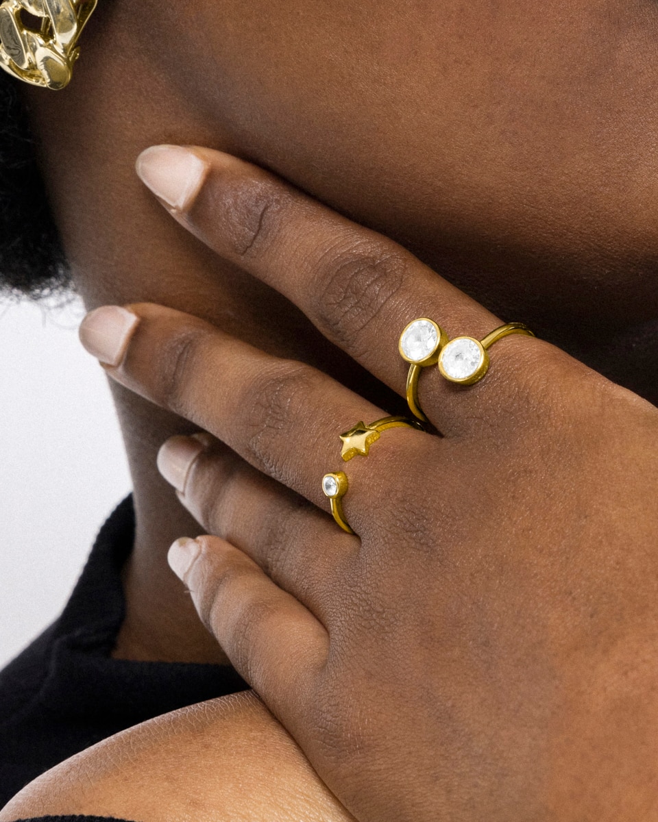 Anel Ajustável Pede Um Desejo de Prata de Lei 925 com Acabamento em Ouro de 18 Quilates e Zirconita Brilhante Branco-3