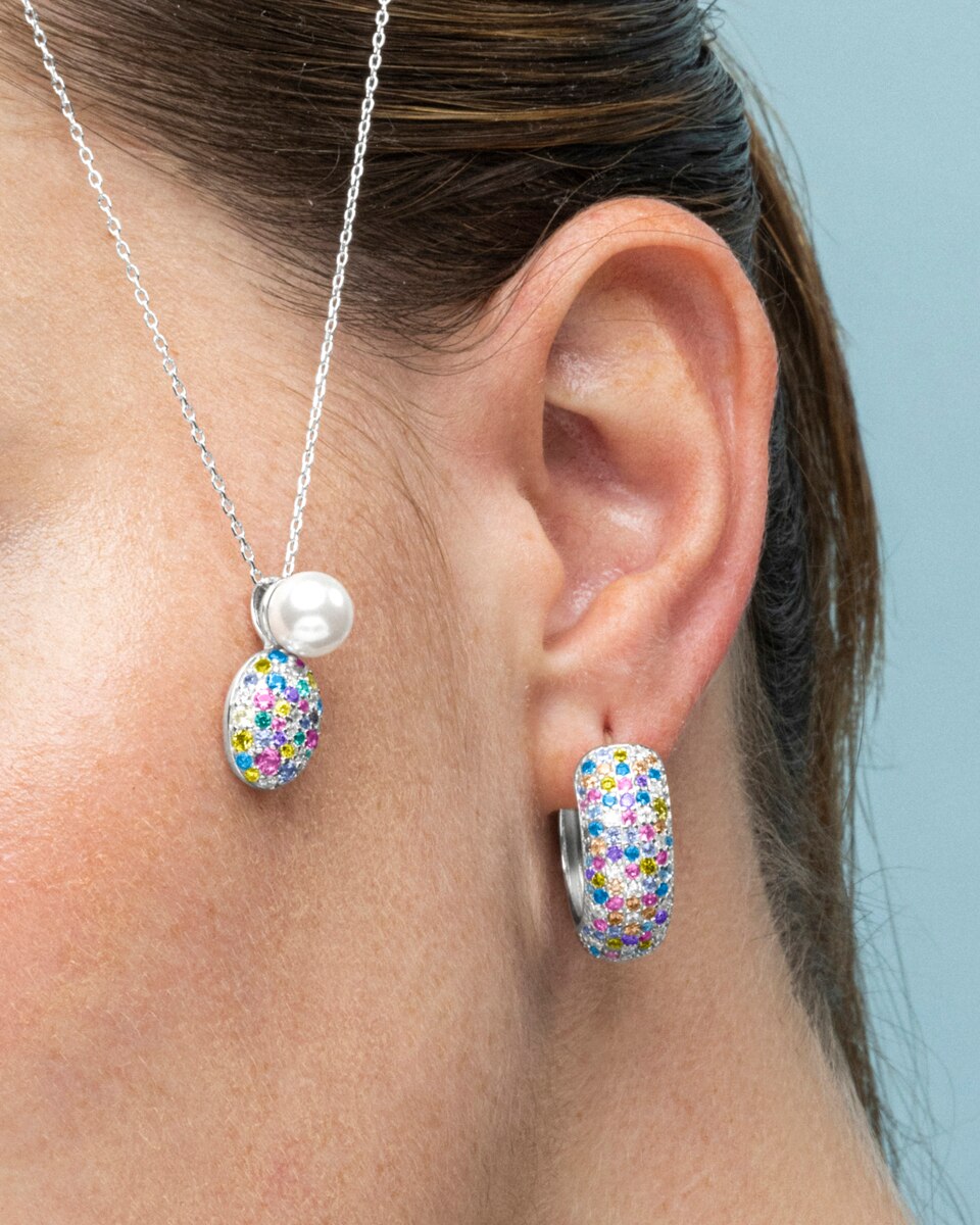 Brincos Atelier de Prata de Lei 925 com Acabamentos em Ródio e Zirconita Multicolor Prata brilhante / Transparente-4