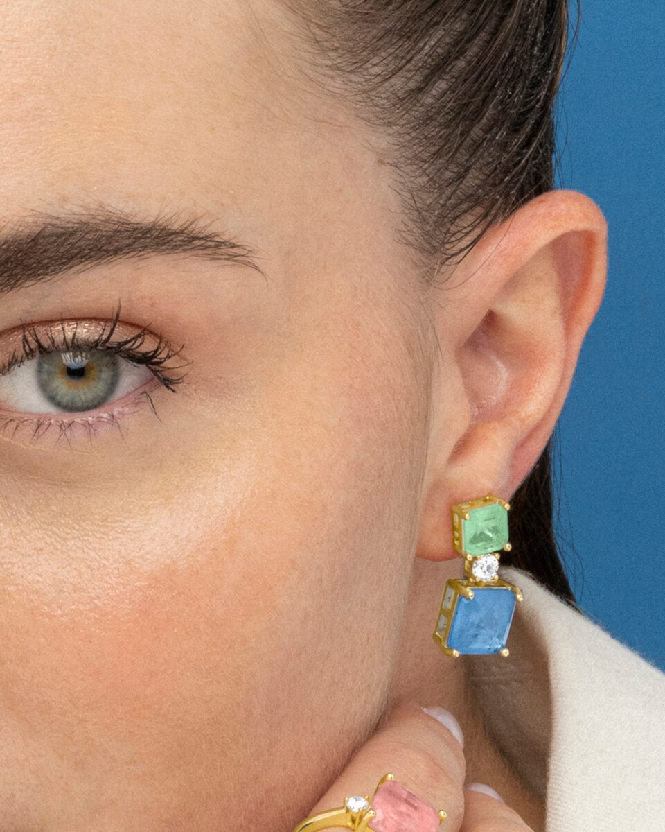Brincos Atelier de Prata com Acabamento em Ouro de 18k com Quartzo Hidrotermal Lápis-lazúli Azul-3
