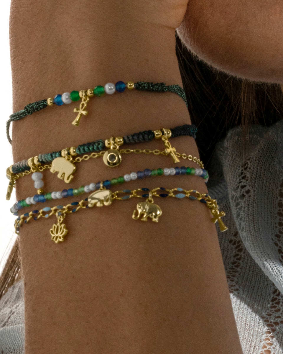 Pulseira Pide Un Deseo de Prata de Lei 925 Acabada em Ouro Amarelo de 18 Quilates com Lacado Azul Dourado-4