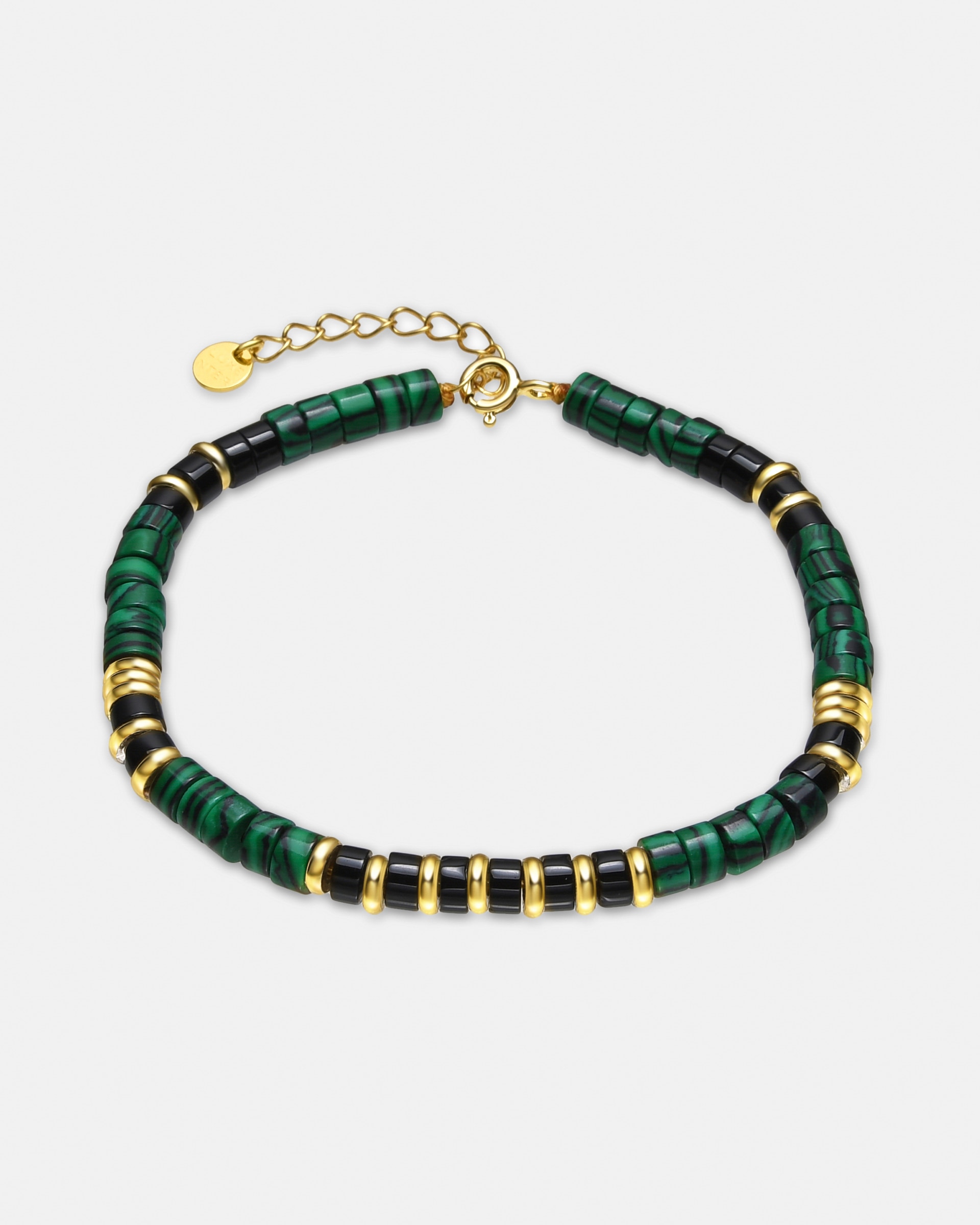 Pulseira de Corrente Trendy de Prata de Lei 925 Acabada em Ouro Amarelo de 18 Quilates com Malaquita Ouro-1