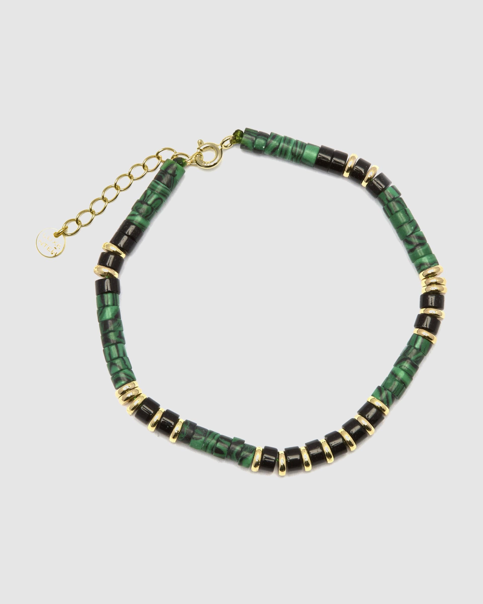 Pulseira de Corrente Trendy de Prata de Lei 925 Acabada em Ouro Amarelo de 18 Quilates com Malaquita Ouro-3