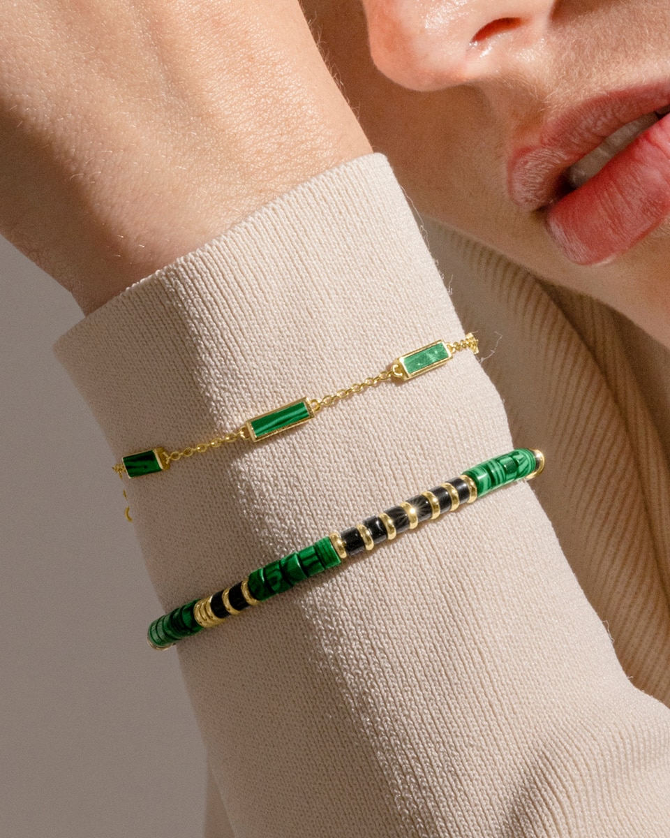 Pulseira de Corrente Trendy de Prata de Lei 925 Acabada em Ouro Amarelo de 18 Quilates com Malaquita Ouro-4