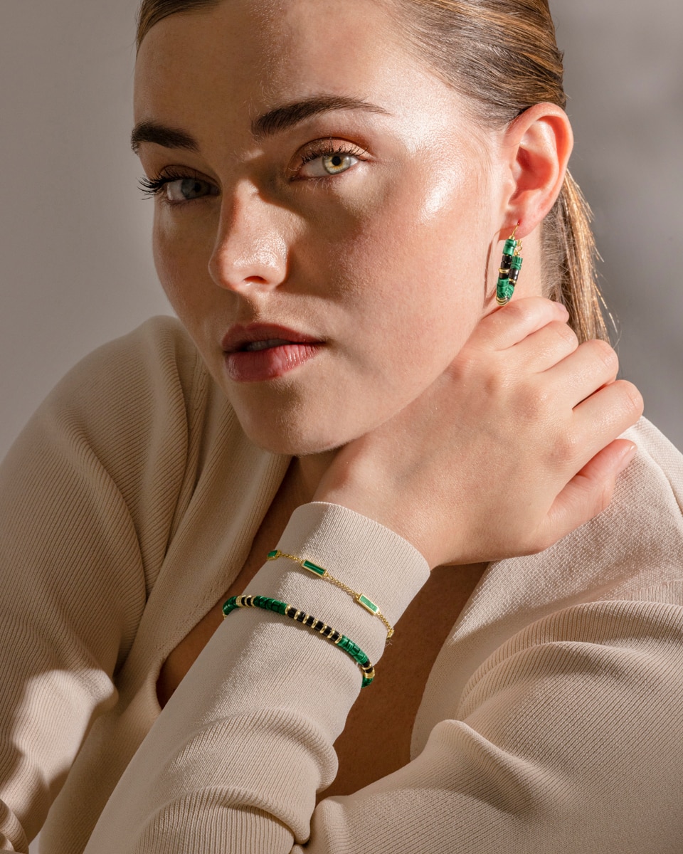 Pulseira de Corrente Trendy de Prata de Lei 925 Acabada em Ouro Amarelo de 18 Quilates com Malaquita Ouro-5