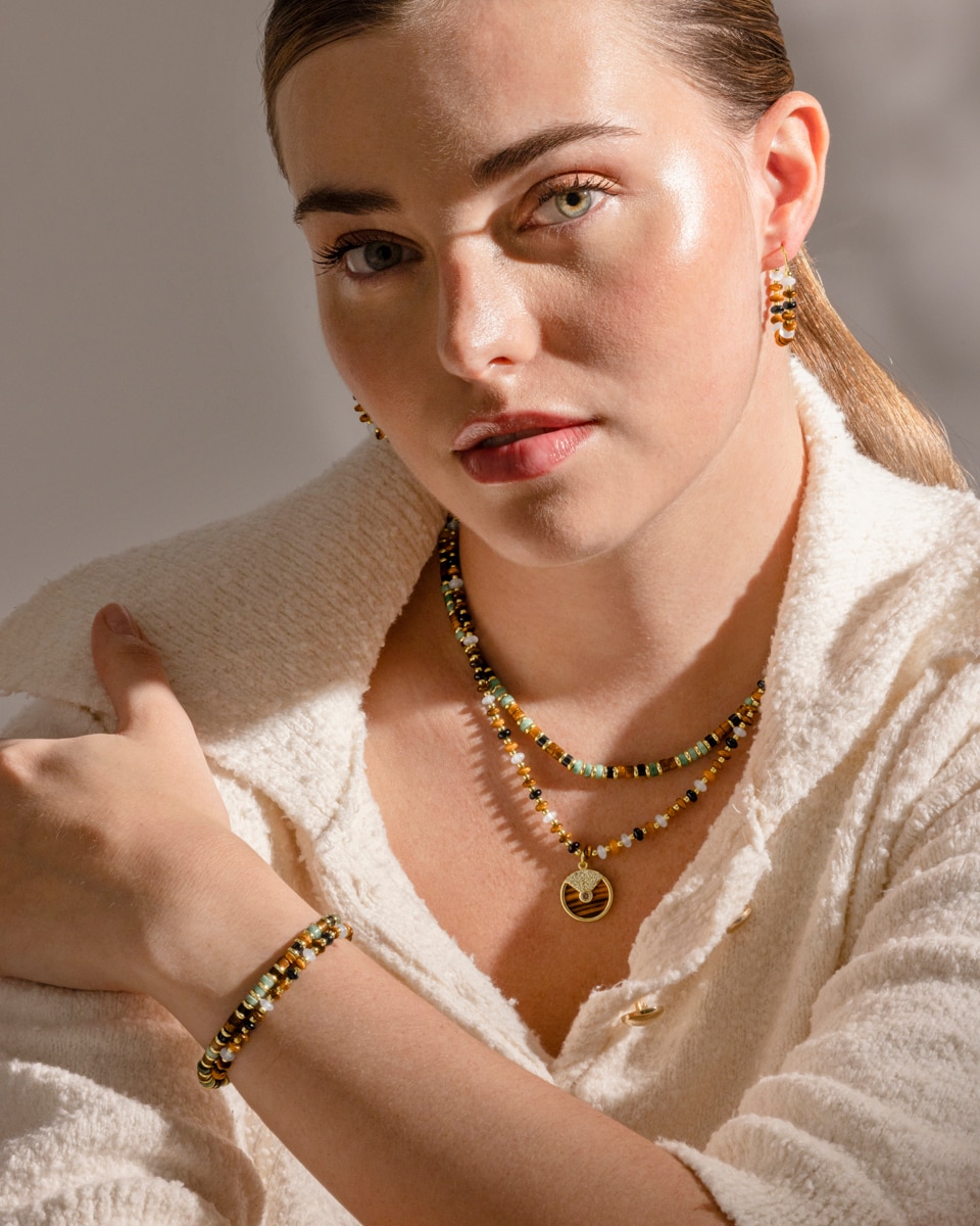 Pulseira de Corrente Trendy de Prata de Lei 925 com Acabamento em Ouro Amarelo de 18 Quilates com Olho de Tigre Ouro-2