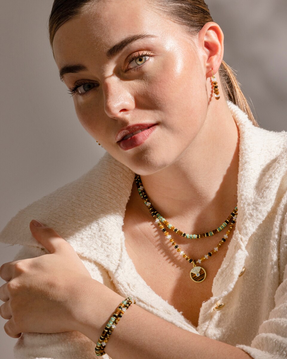 Pulseira de Corrente Trendy de Prata de Lei 925 com Acabamento em Ouro Amarelo de 18 Quilates com Olho de Tigre Ouro-5