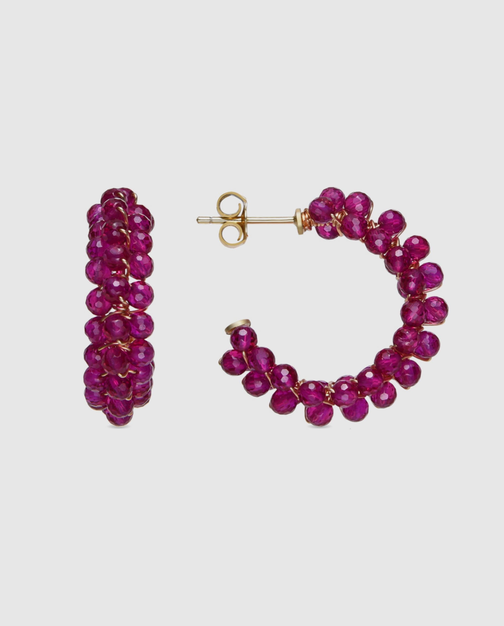 Brincos de Argola Trendy de Prata de Lei 925 com Acabamento em Ouro Amarelo de 18 Quilates e Cristal Rosa Vermelho-1