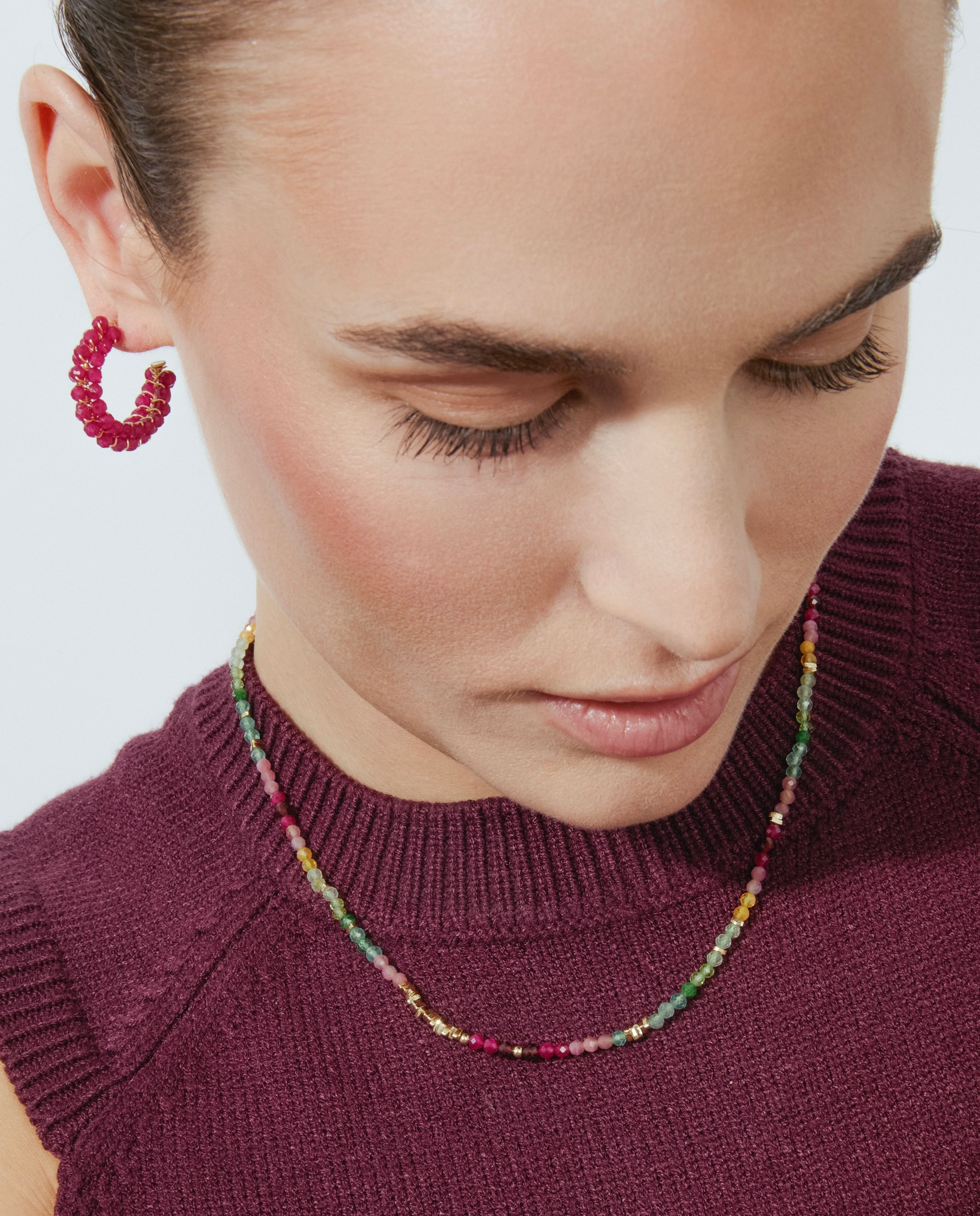 Brincos de Argola Trendy de Prata de Lei 925 com Acabamento em Ouro Amarelo de 18 Quilates e Cristal Rosa Vermelho-2