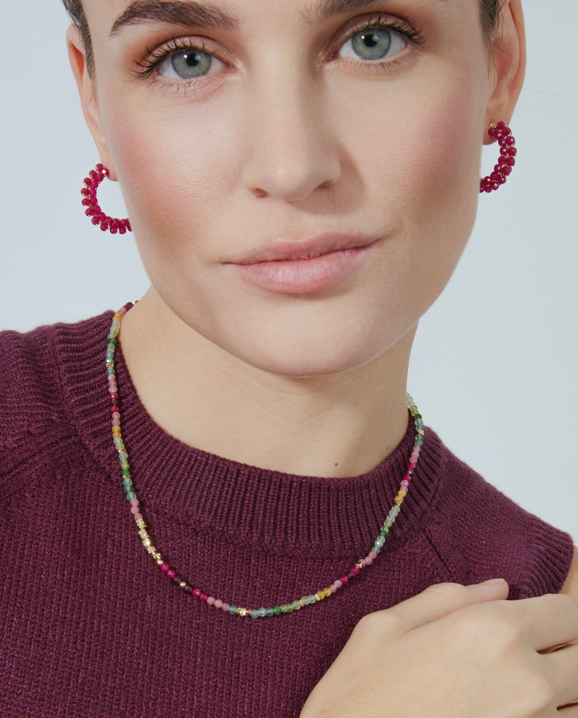 Brincos de Argola Trendy de Prata de Lei 925 com Acabamento em Ouro Amarelo de 18 Quilates e Cristal Rosa Vermelho-5