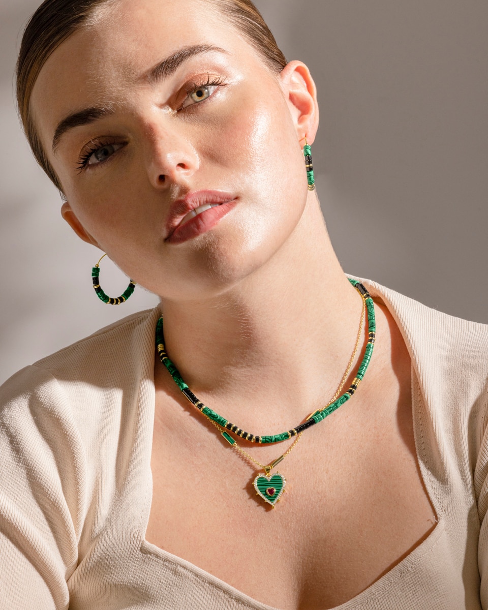 Brincos Trendy de Prata de Lei 925 com Acabamento em Ouro Amarelo de 18 Quilates e Malaquita Ouro-2