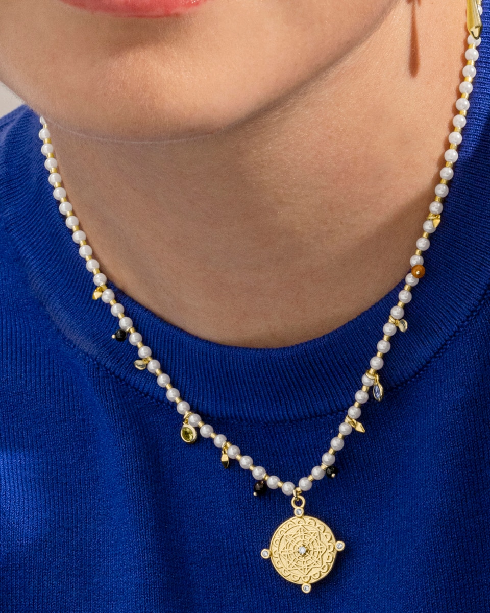Colar Trendy de Prata de Lei 925 com Acabamento em Ouro Amarelo de 18 Quilates e Pérola Branca Ouro-4